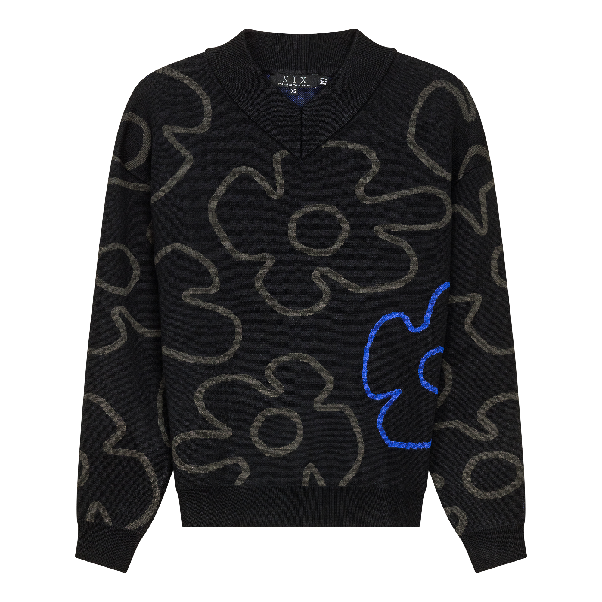 V Neck Floral Knit Sweater in Black by Diciannove