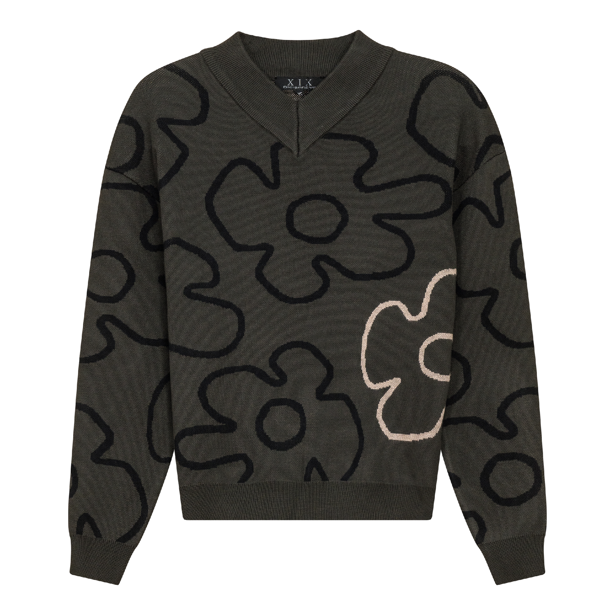 V Neck Floral Knit Sweater in Dark Olive by Diciannove