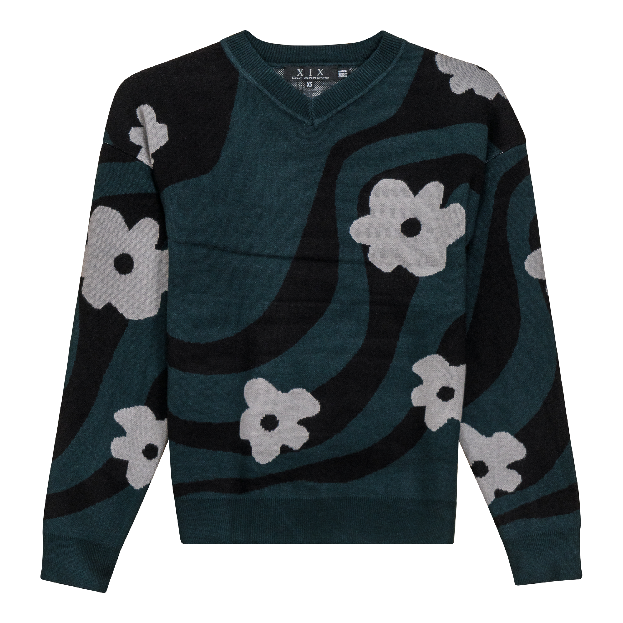 V Neck Floral Knit Sweater in Deep Teal Black by Diciannove