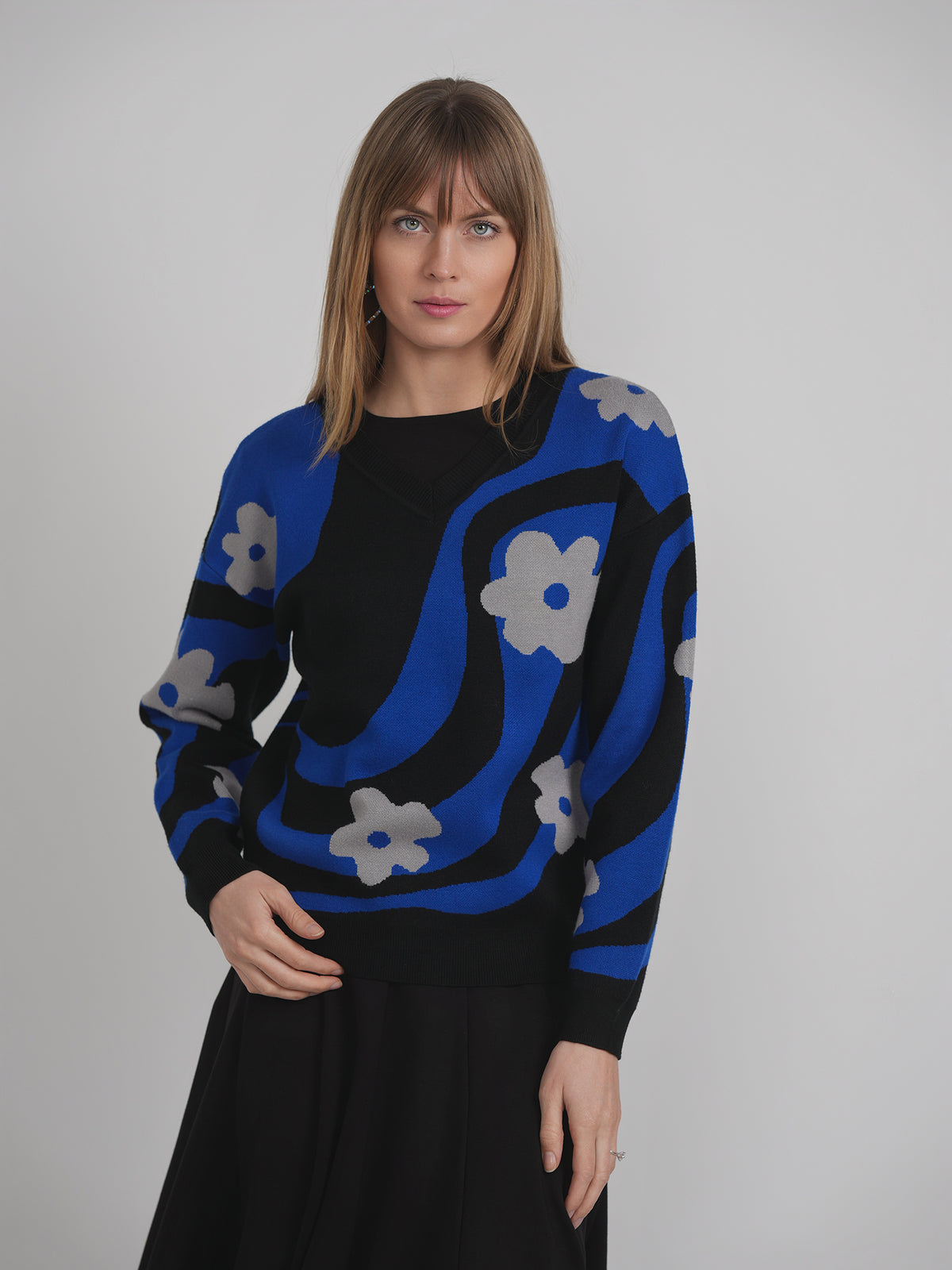 V Neck Floral Knit Sweater in by Diciannove