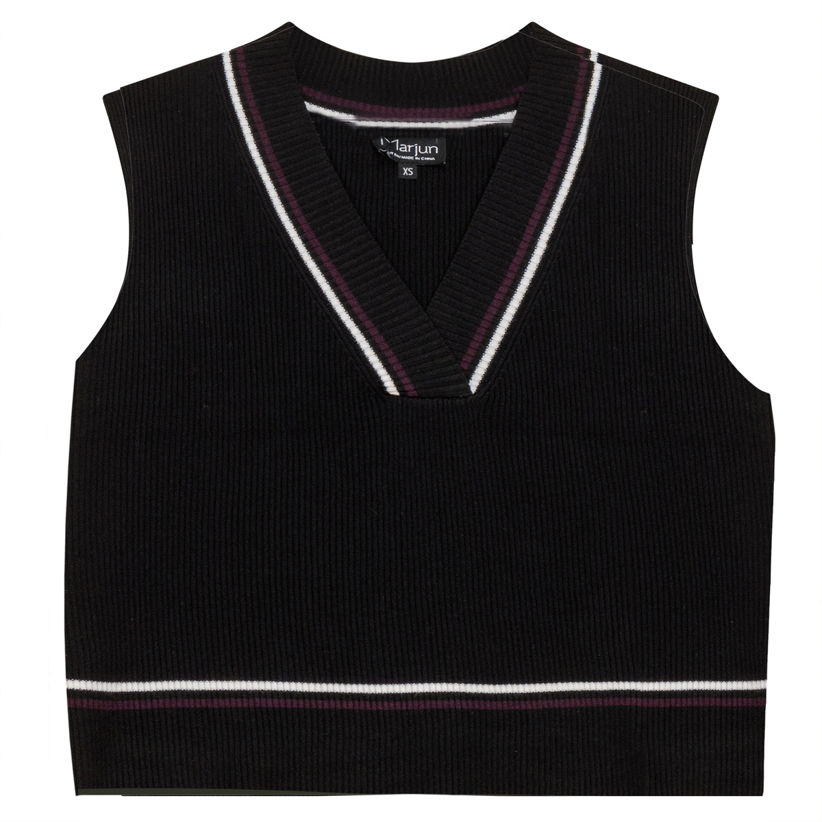 Rib Knit Vest With Contrast Stripes in Black by Marjun