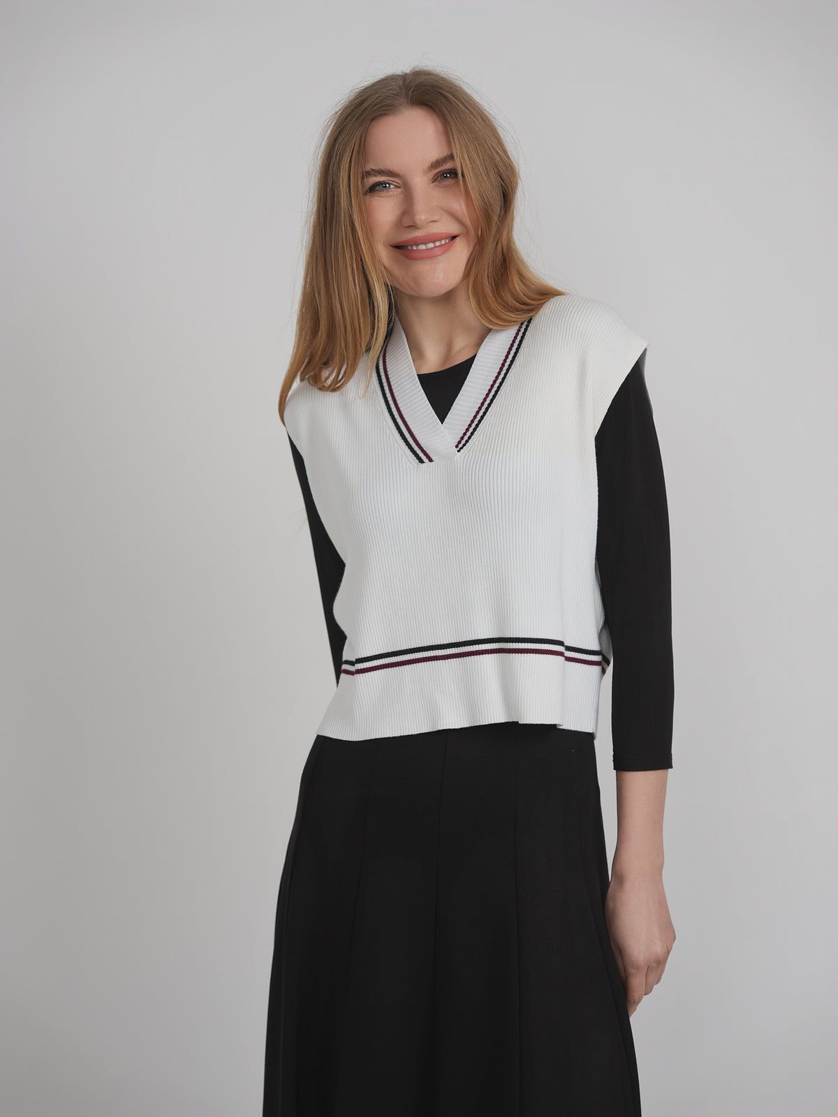 Rib Knit Vest With Contrast Stripes in by Marjun