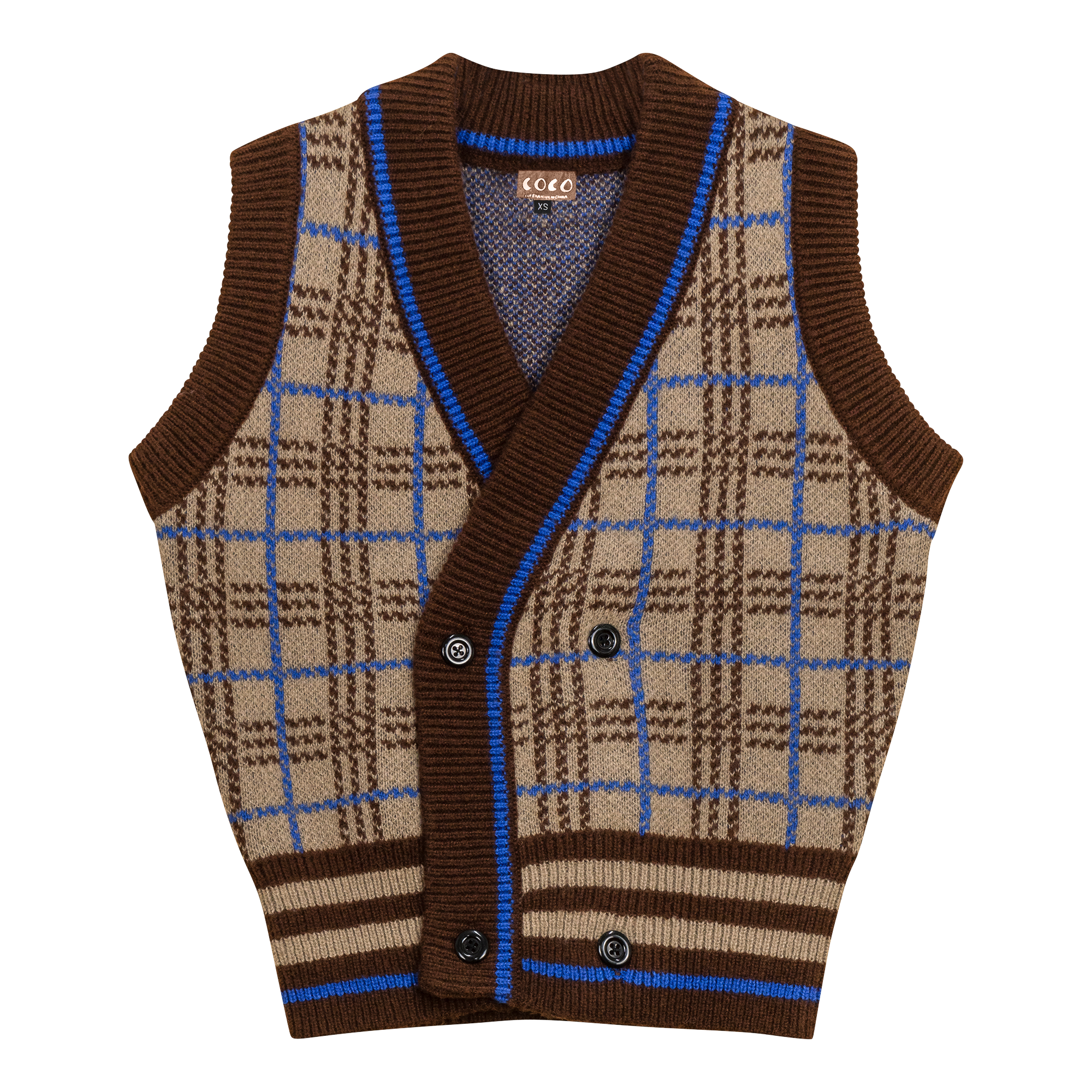 Knit Plaid Double Breasted Vest in Mocha by Coco