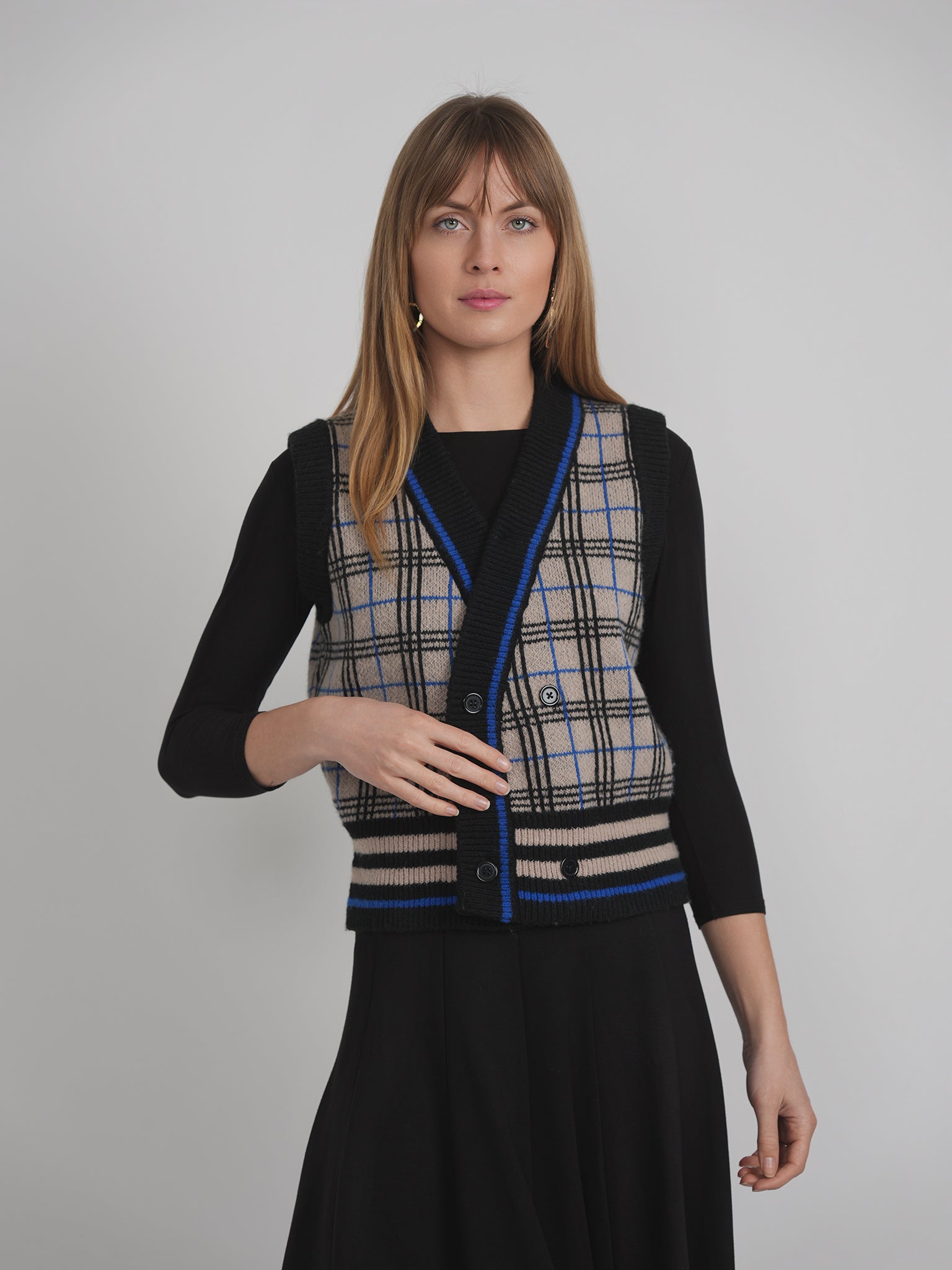 Knit Plaid Double Breasted Vest in by Coco