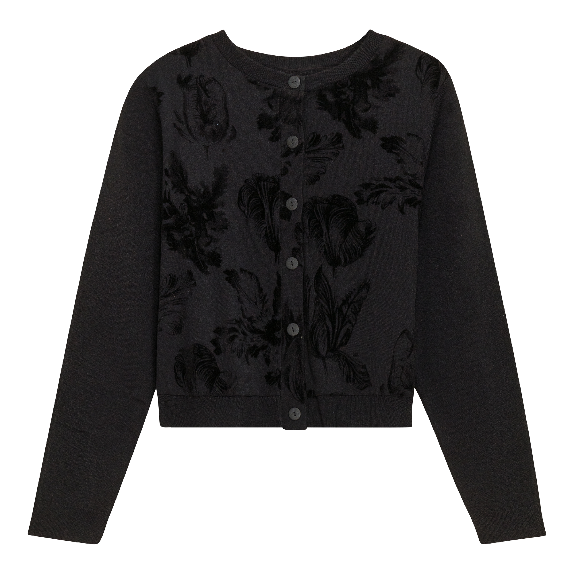 Cropped Flocked Velour Knit Cardigan in Black by Coco de la Mour