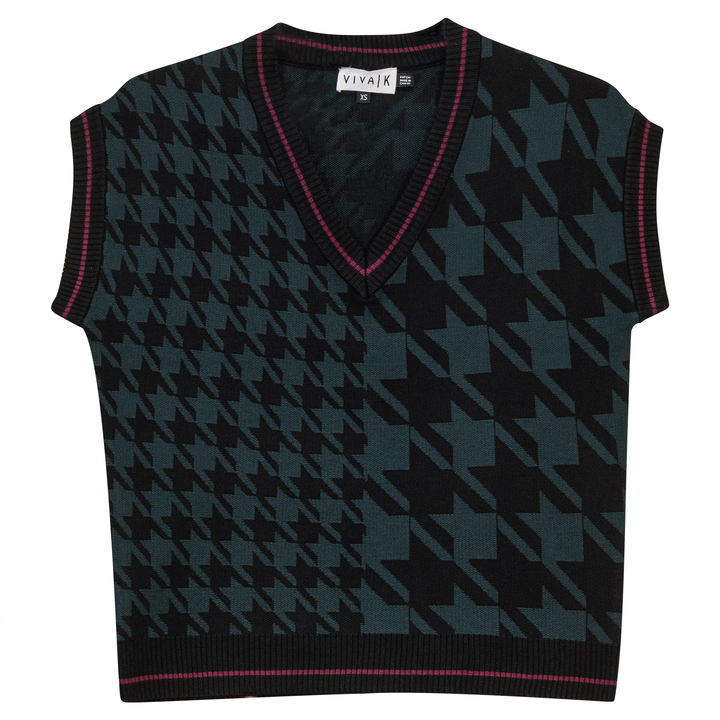 Houndstooth Contrast Knit Vest Black Deep Teal Ladies Vest by {{ product_vemdor}}