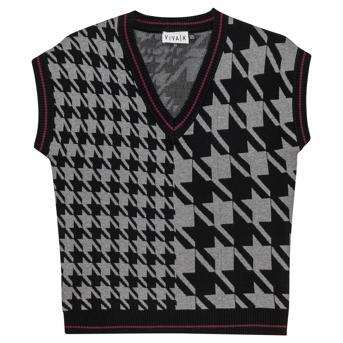 Houndstooth Contrast Knit Vest in Black Medium Grey by Viva K