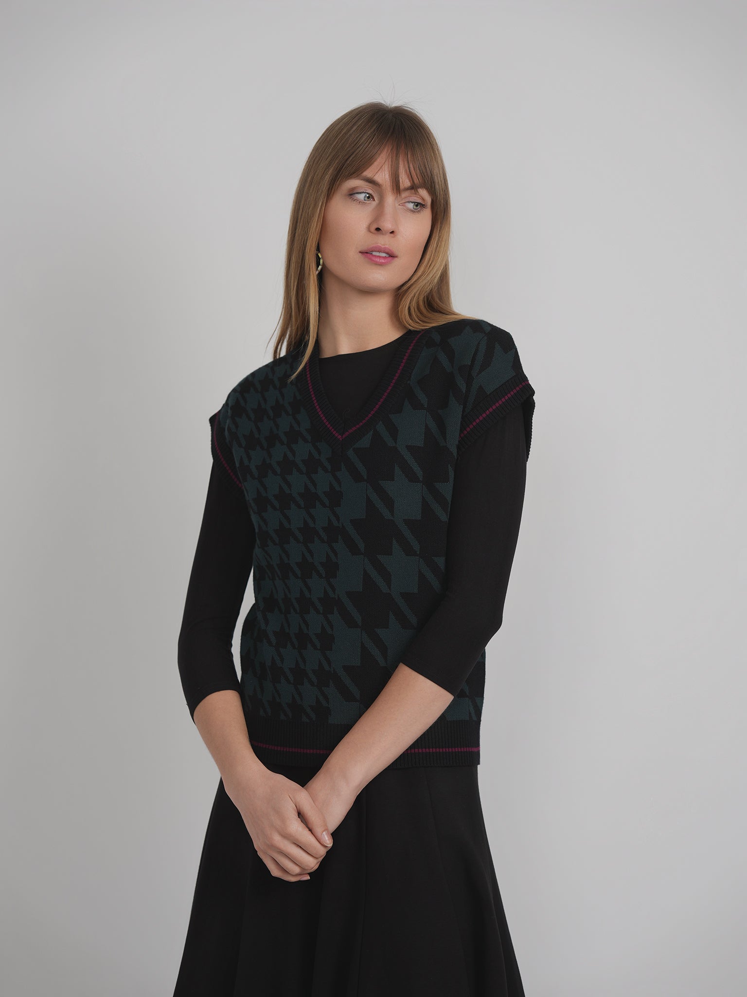 Houndstooth Contrast Knit Vest in by Viva K