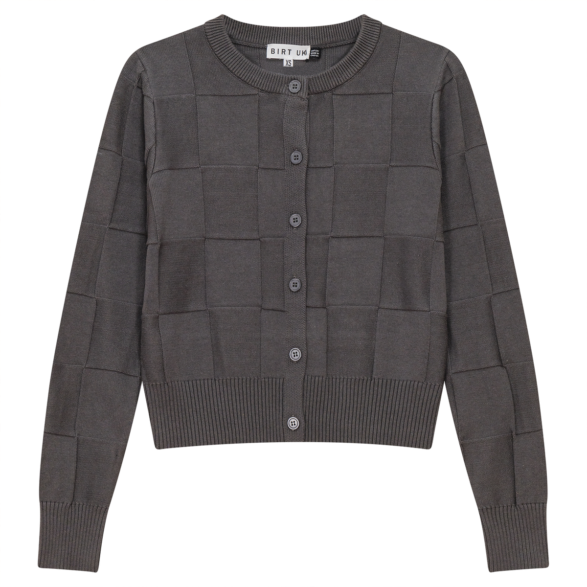 Checked Knit Cropped Cardigan in Dark Grey Mix by Birt UK