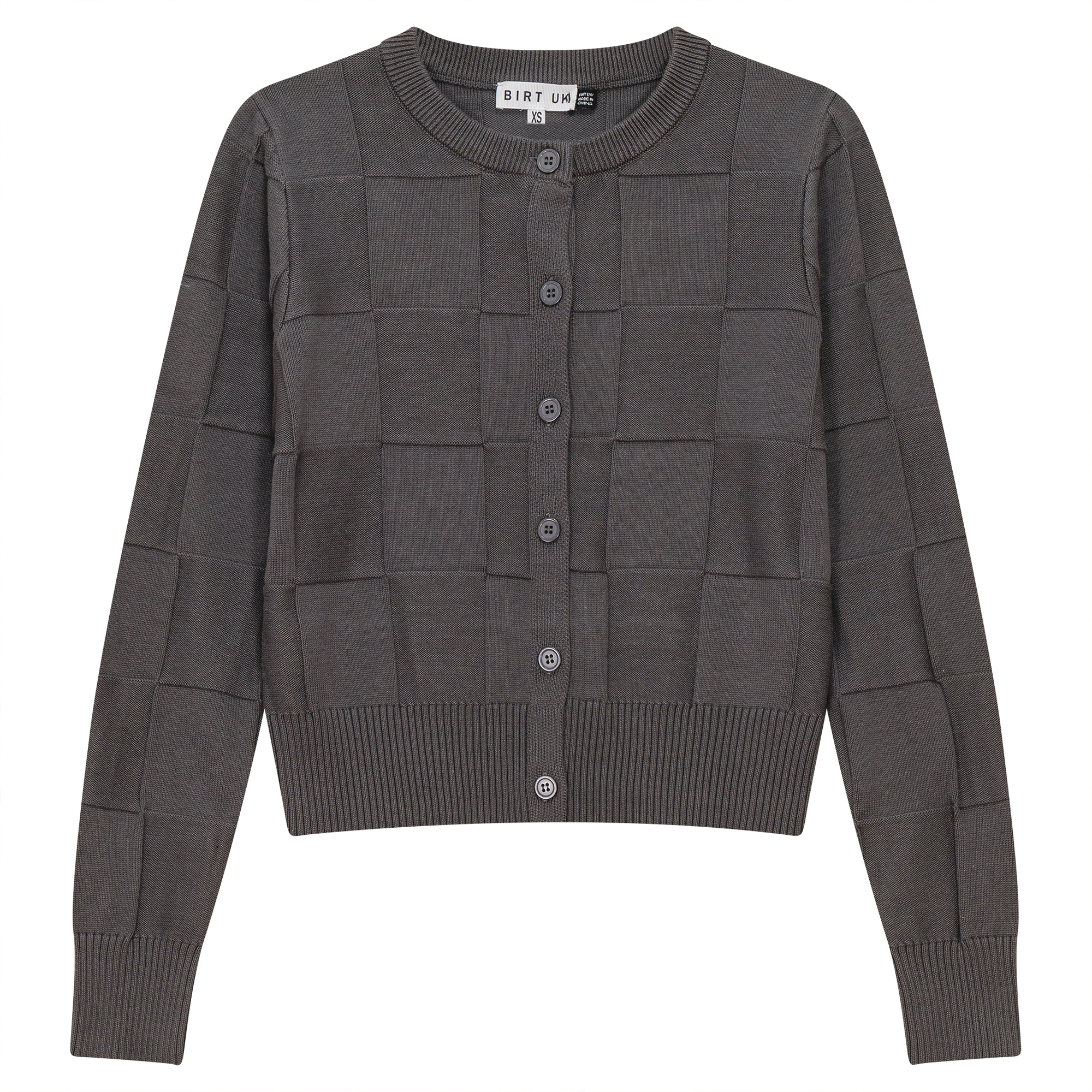 Checked Knit Cropped Cardigan in Dark Grey Mix by Birt UK