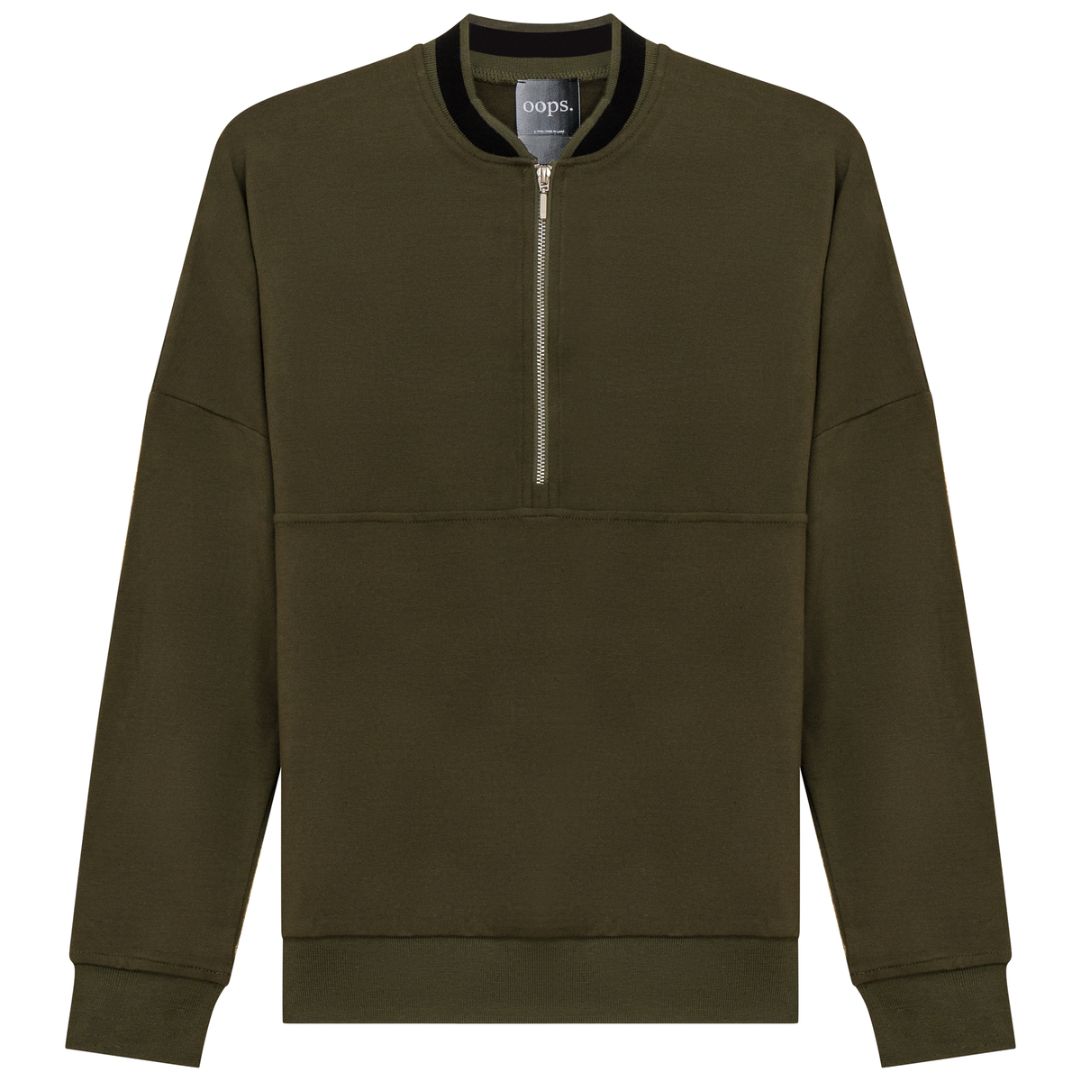 Zip Sweater with 2 Tone Neck in Dark Olive by Oops