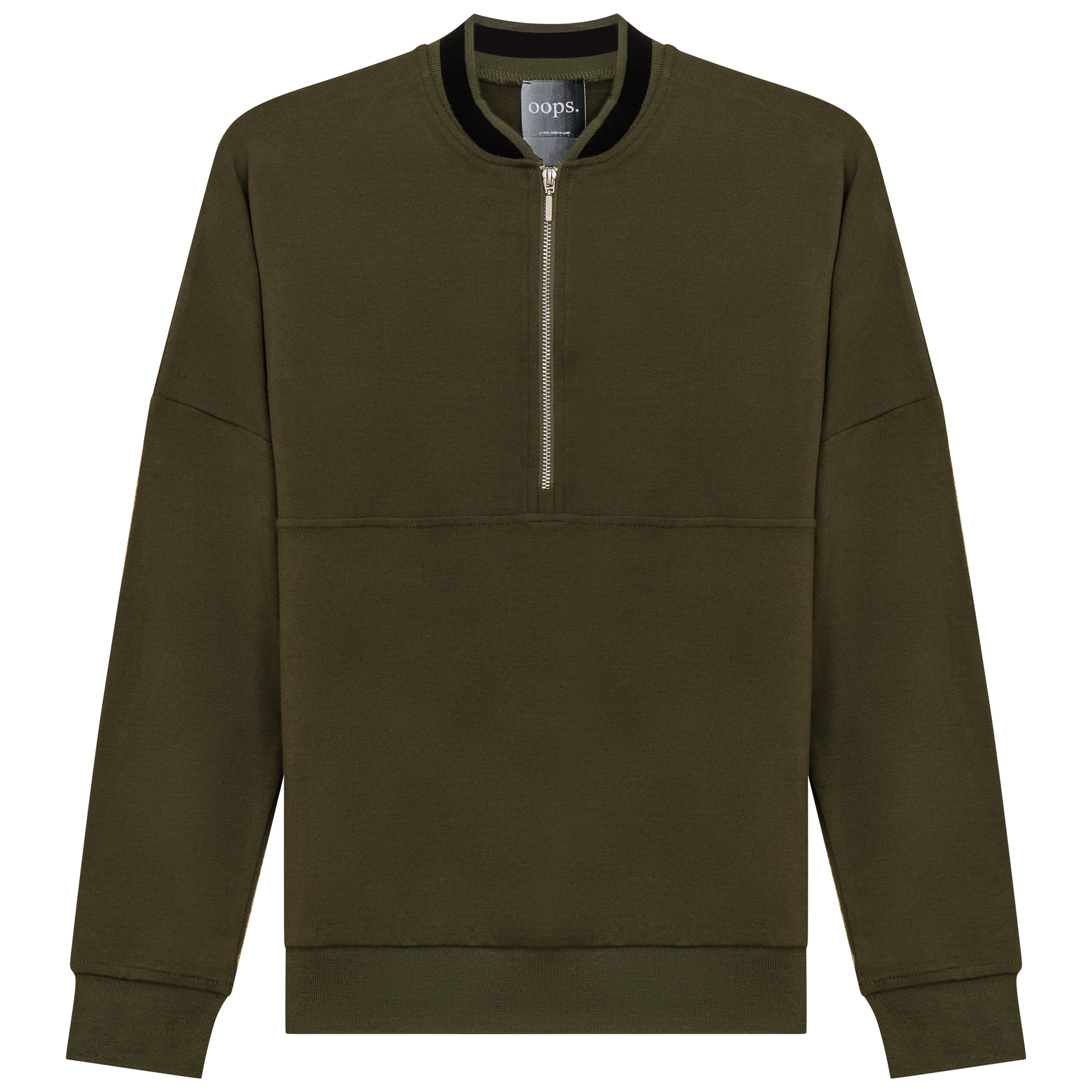 Zip Sweater with 2 Tone Neck in Dark Olive by Oops