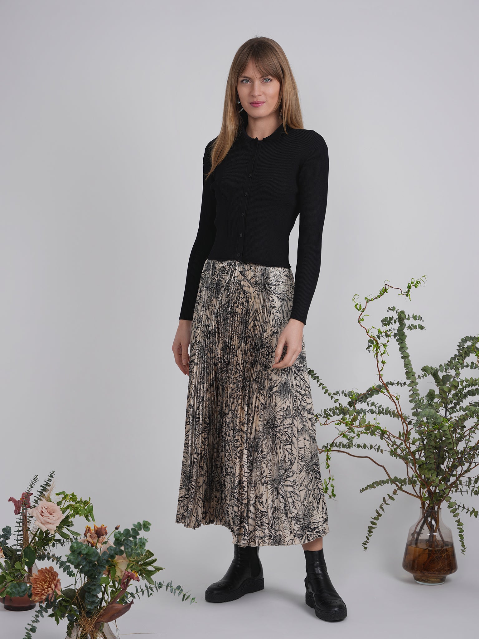 Accordian Pleated Printed Chiffon Midi Skirt in by E.U.X. Exclusive