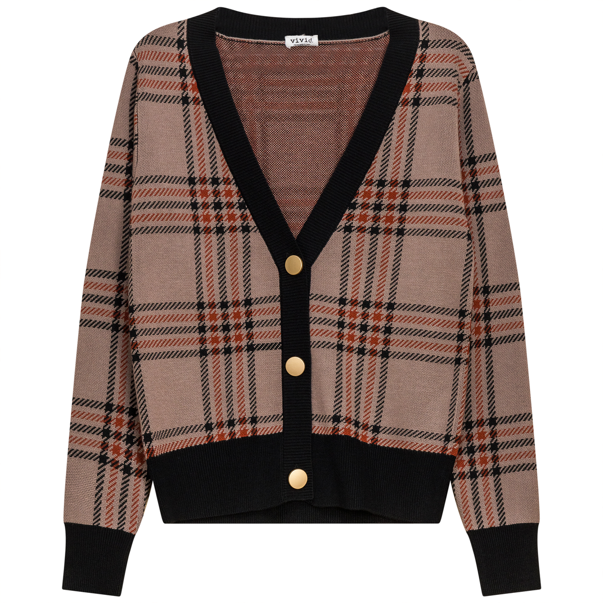 Plaid Knit Cardigan in Mocha Black by Vivid