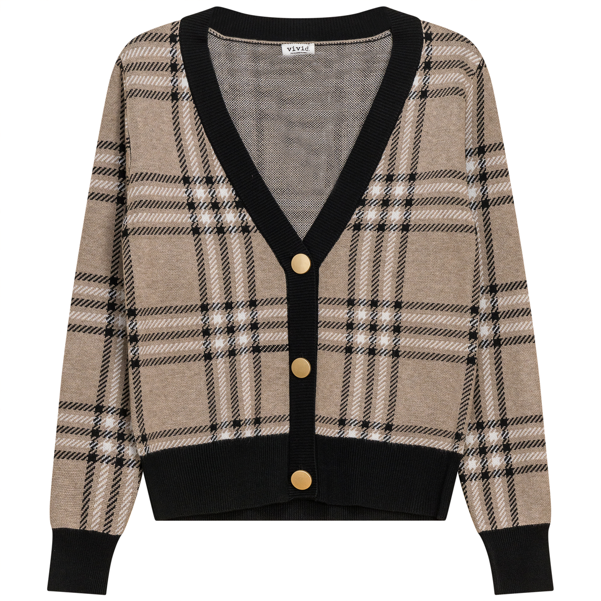 Plaid Knit Cardigan in Oatmeal Black by Vivid