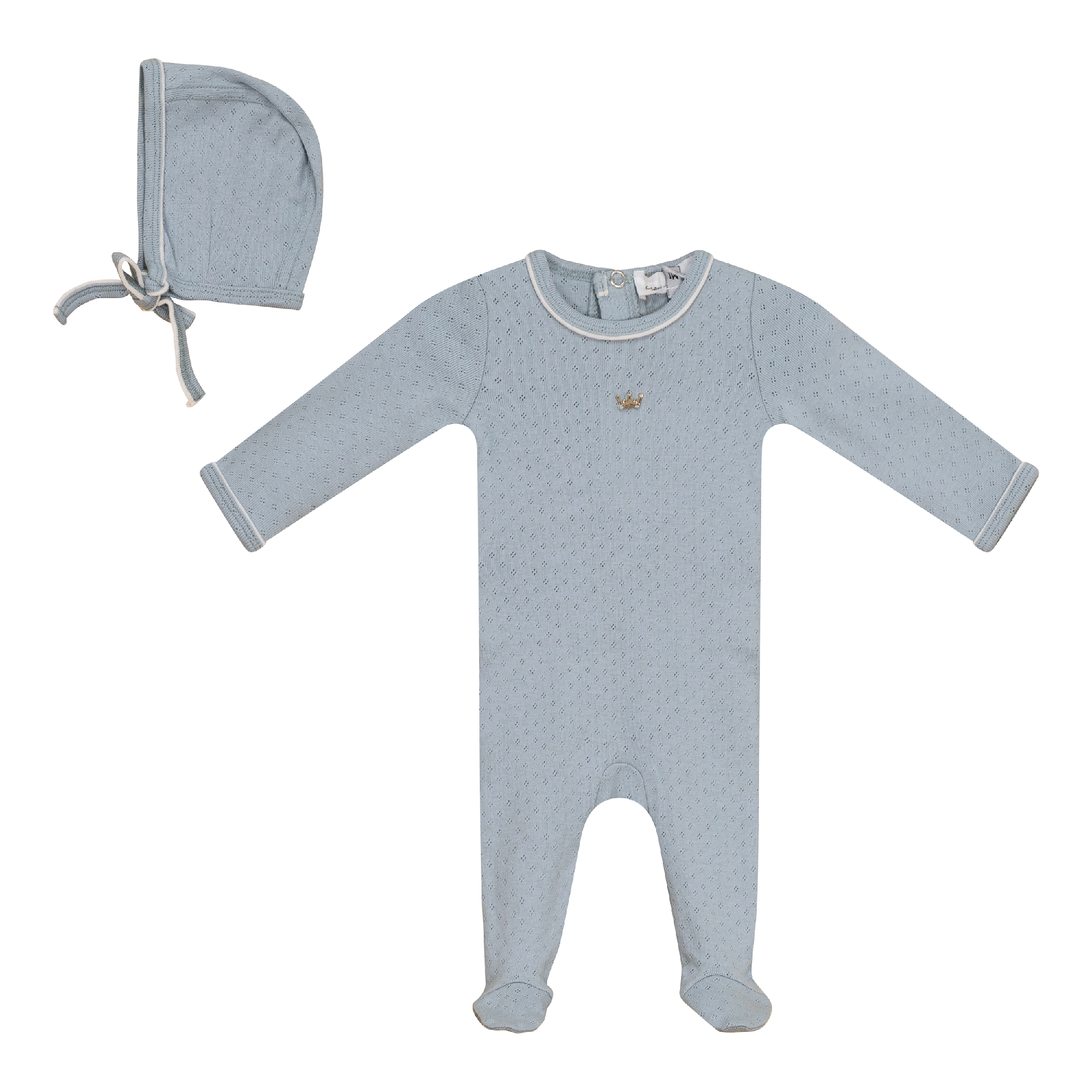 Pointelle Knit Onesie with Bonnet in Blue by Charlotte & George