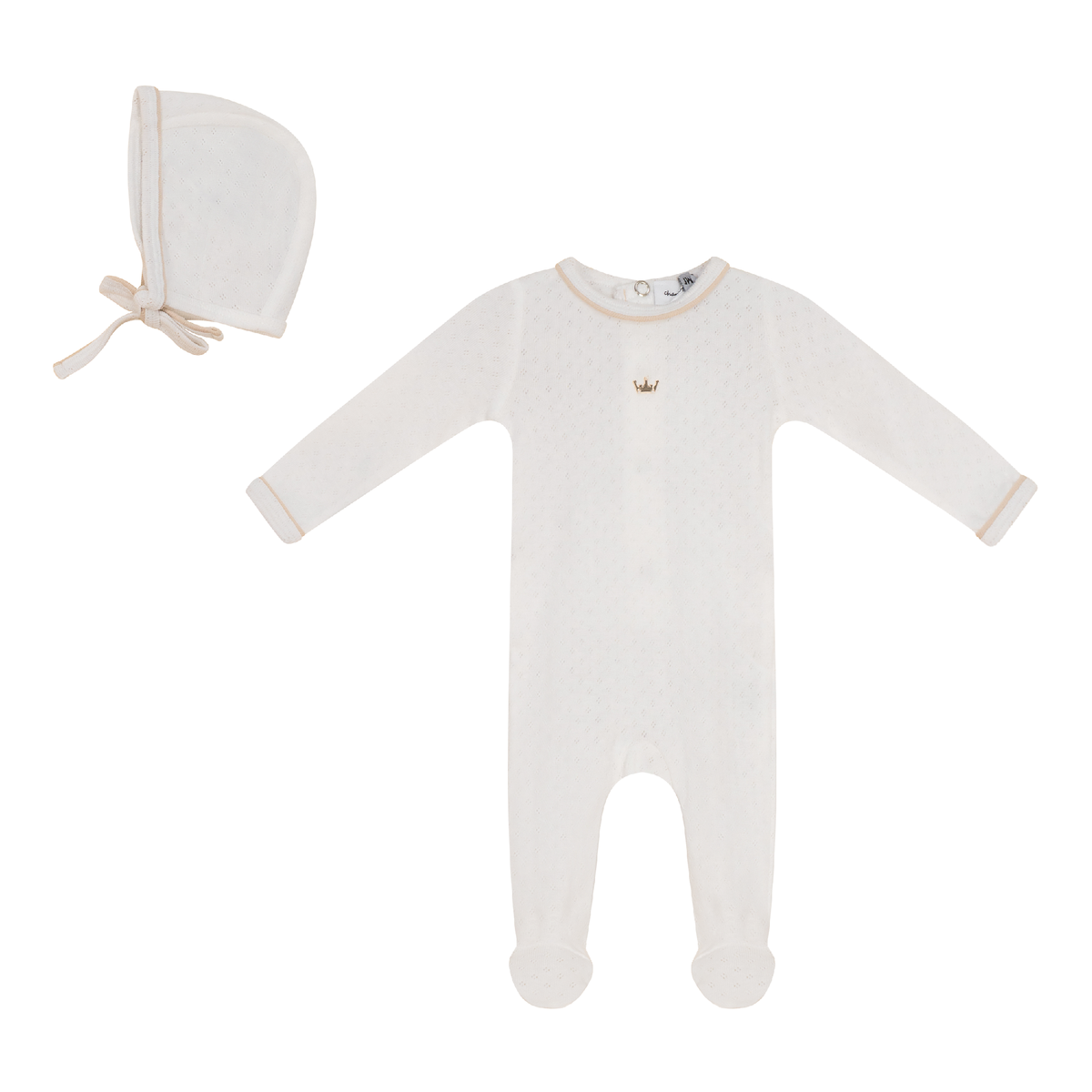 Pointelle Knit Onesie with Bonnet in Off White by Charlotte & George