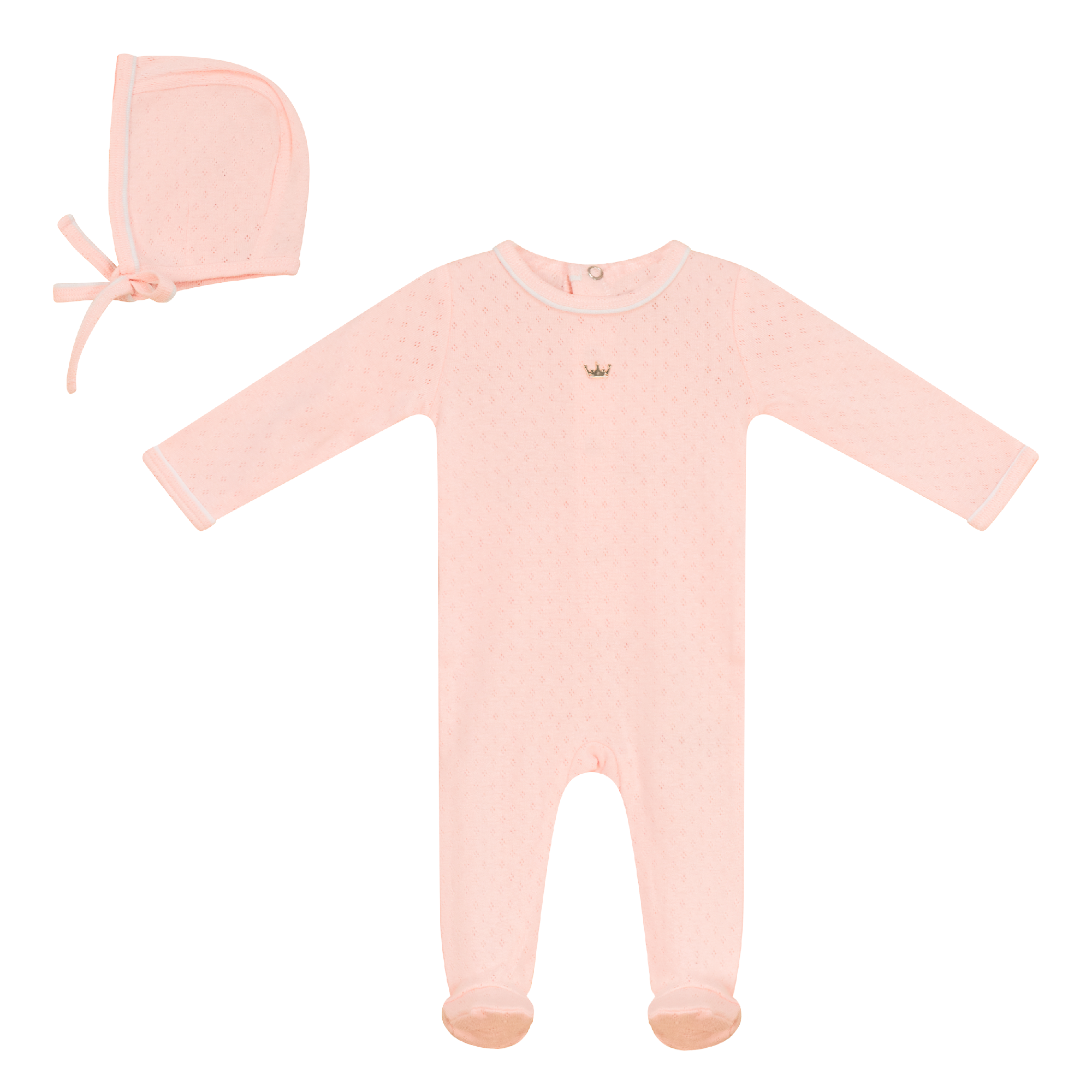 Pointelle Knit Onesie with Bonnet in Pink by Charlotte & George