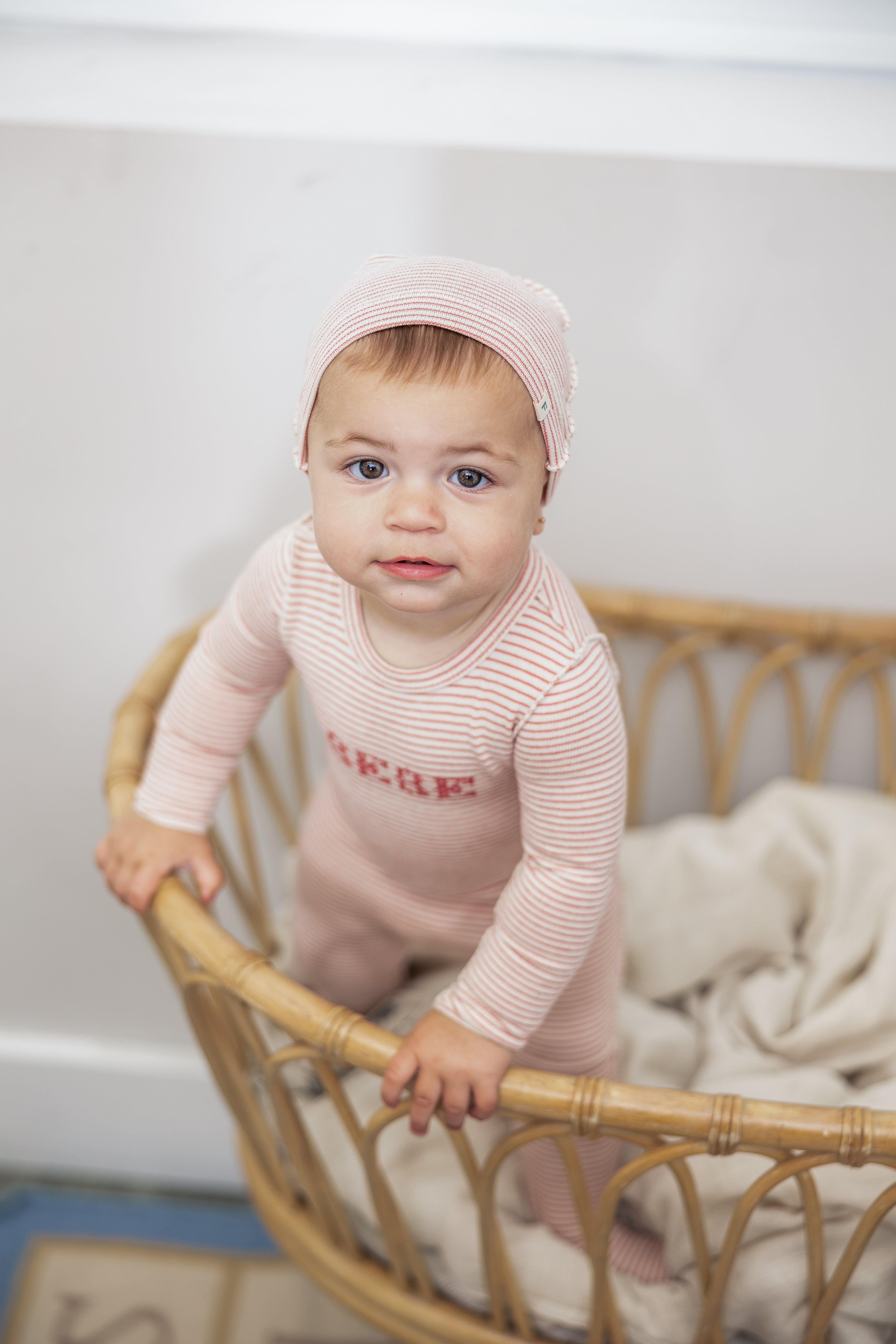 Stripe Stretch Knit Onesie with Hat in by Fragile