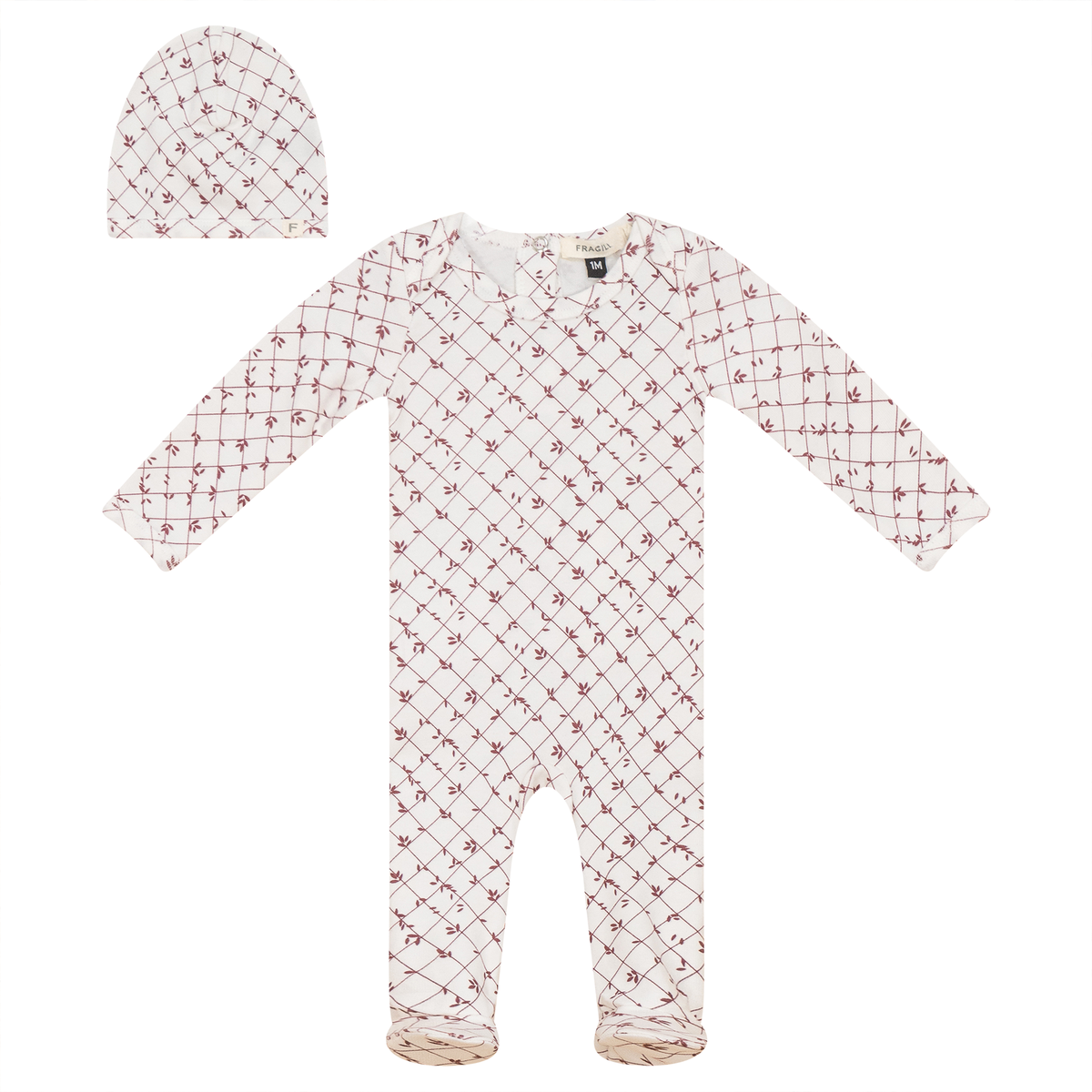 Printed Ribbed Onesie with Hat in White Burgundy by Fragile