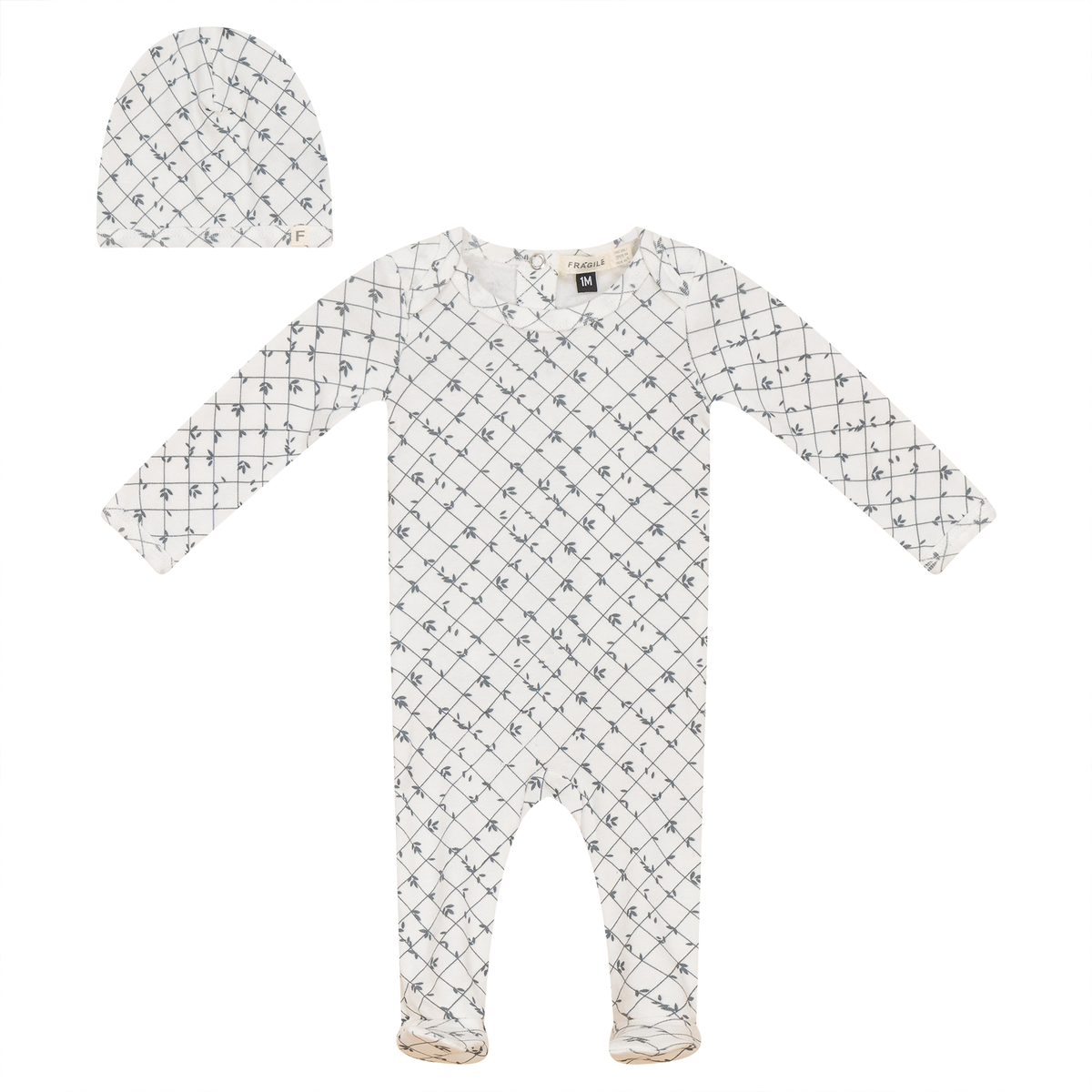 Printed Ribbed Onesie with Hat in White Dark Blue Grey by Fragile