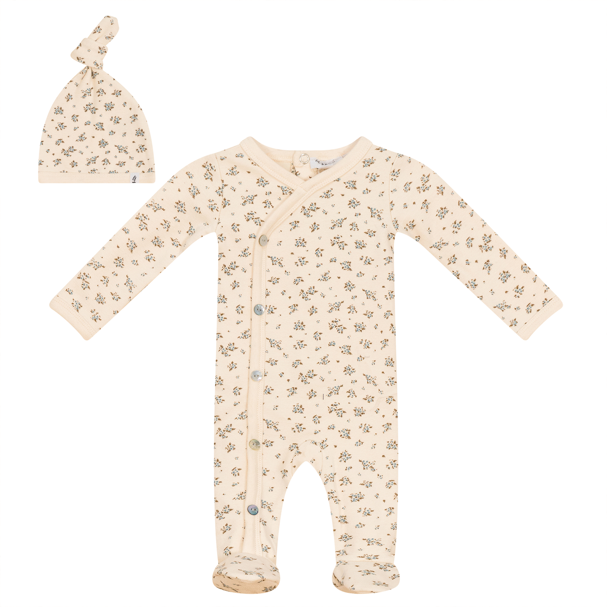 Flower Print Onesie with Hat in Cream by Little Fragile