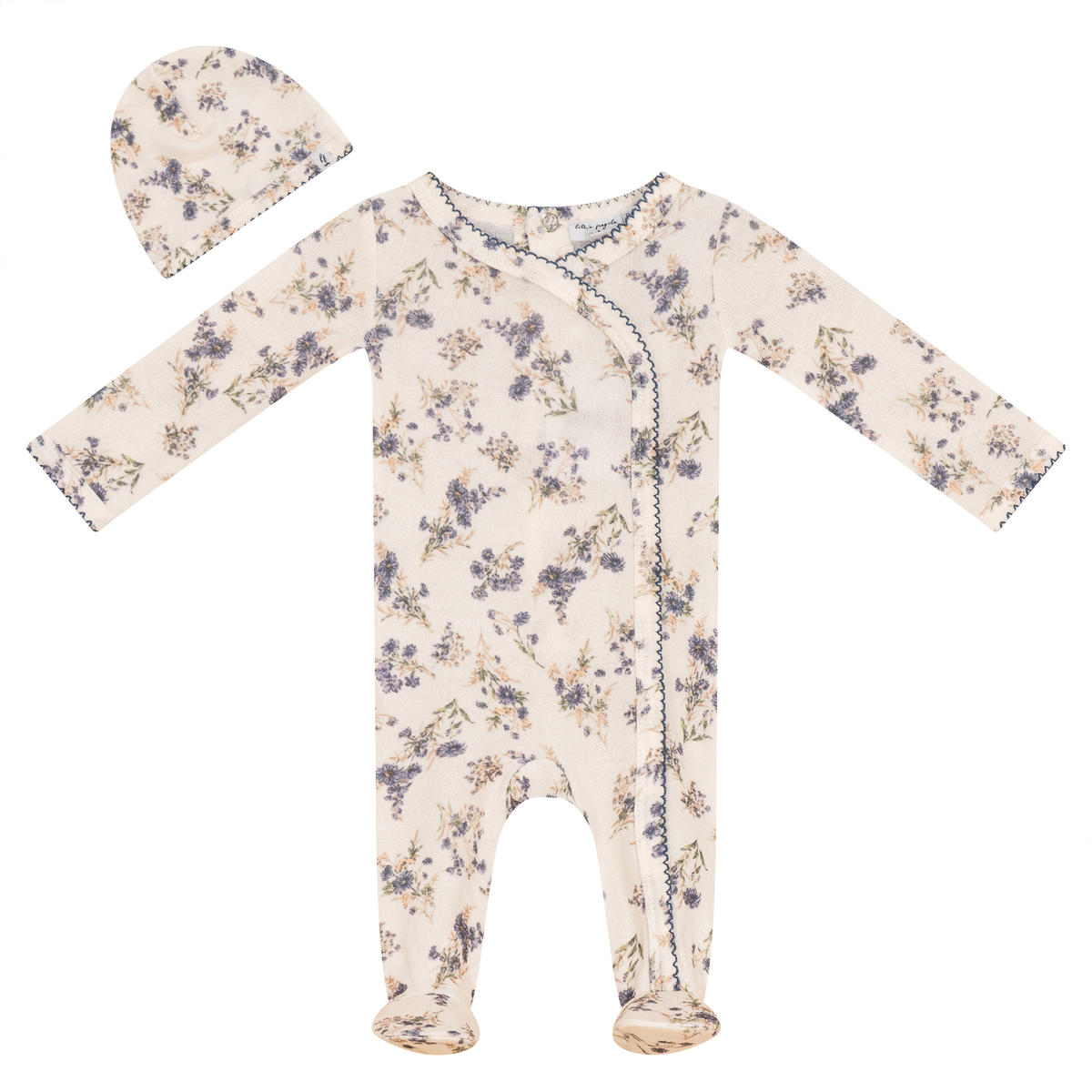 Flower Print Knit Onesie set in Off White Denim by Little Fragile