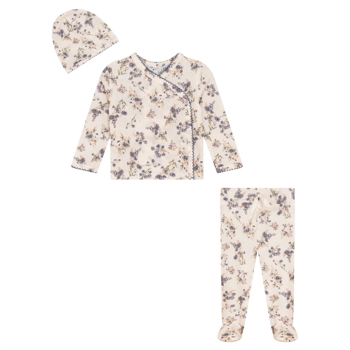 Flower Print Knit 3Pc Set in Off White Denim by Little Fragile