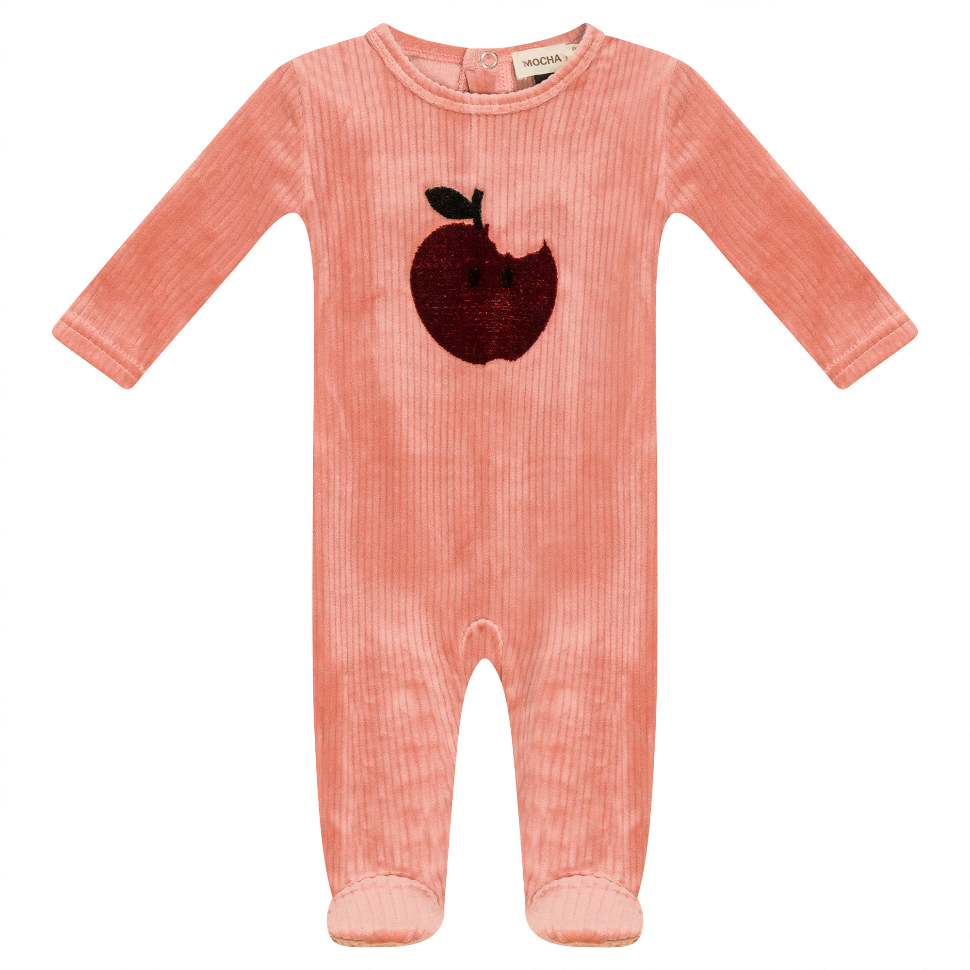 Apple Print Cotton Velour Onesie in Clay by Mocha