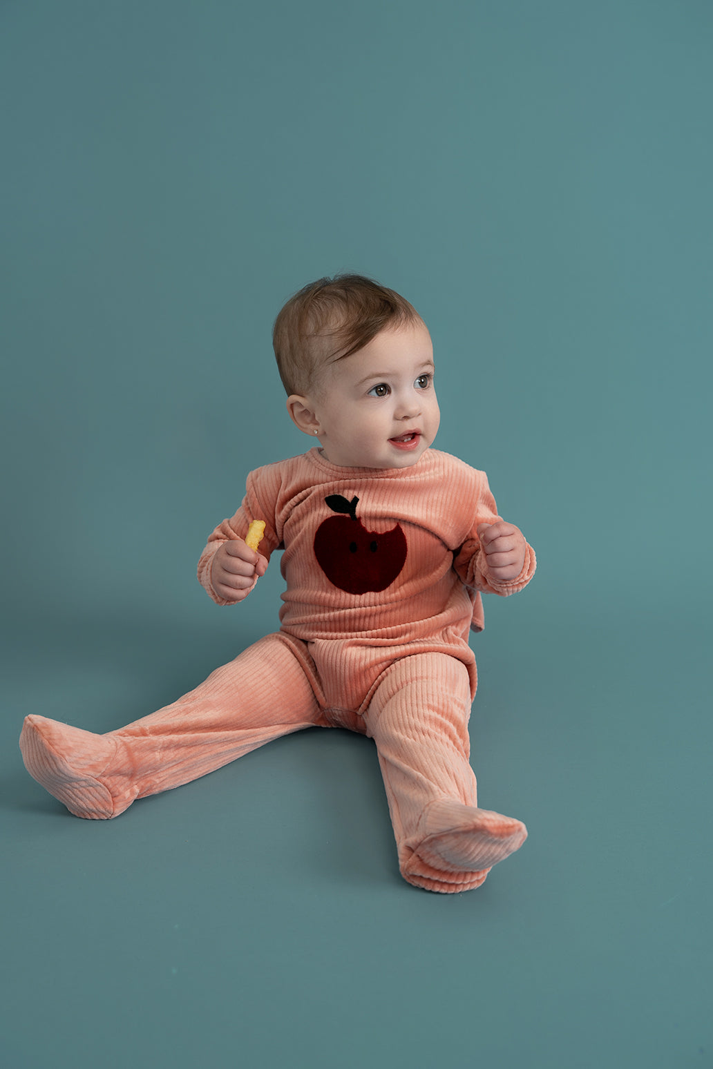 Apple Print Cotton Velour Onesie in by Mocha