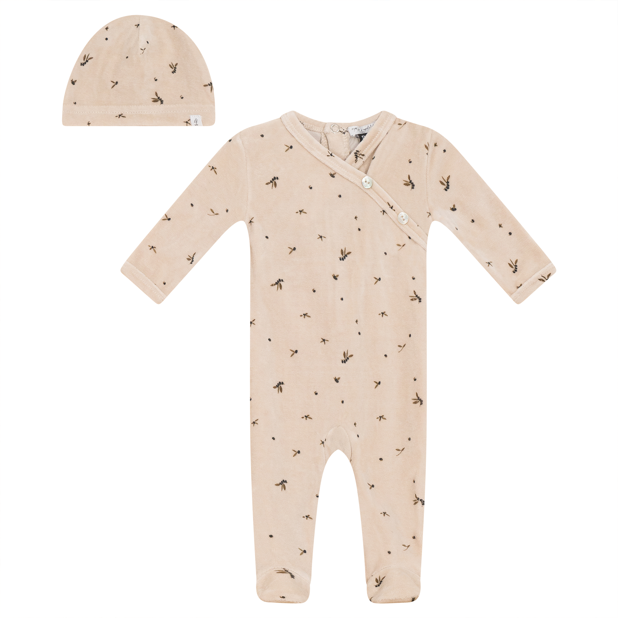 Leaf Print Velour Onesie Set in Biscuit by Little Fragile