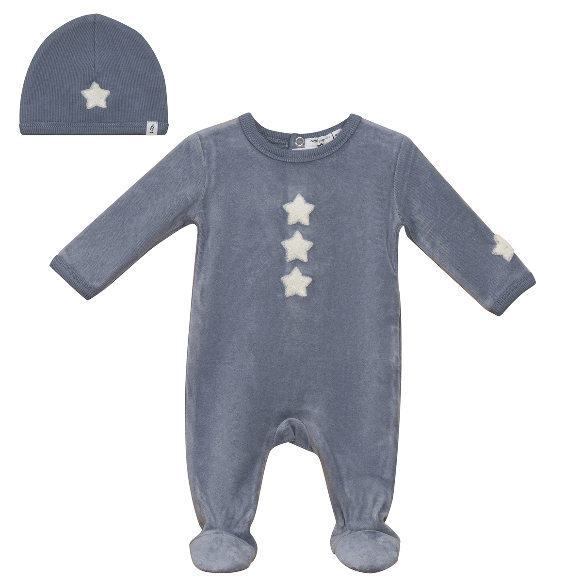 Velour Hook Stitch Onesie with Hat in Blue Grey Off White by Little Fragile