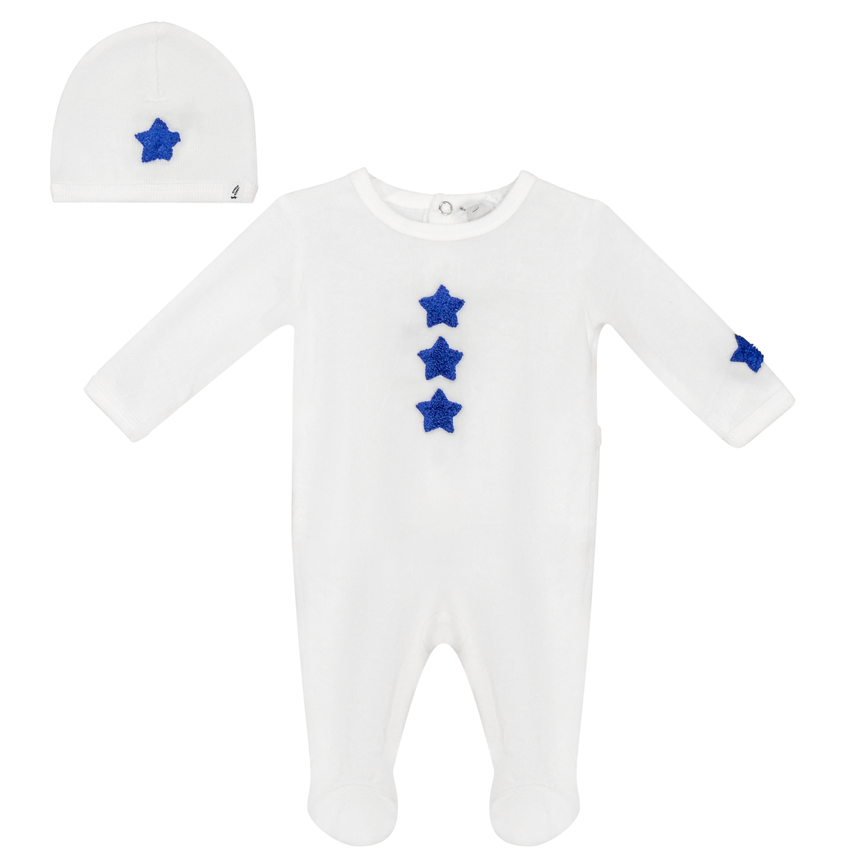 Velour Hook Stitch Onesie with Hat in Off White Navy by Little Fragile