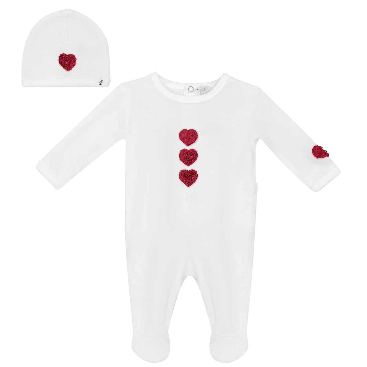 Velour Hook Stitch Onesie with Hat in Off White Red by Little Fragile