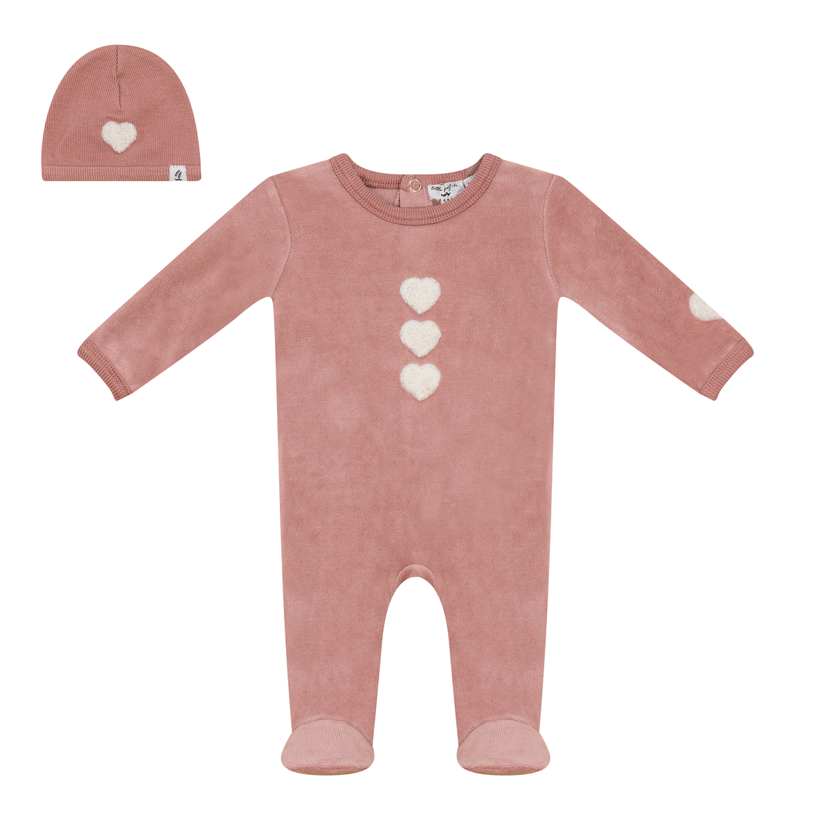 Velour Hook Stitch Onesie with Hat in Pink Off White by Little Fragile