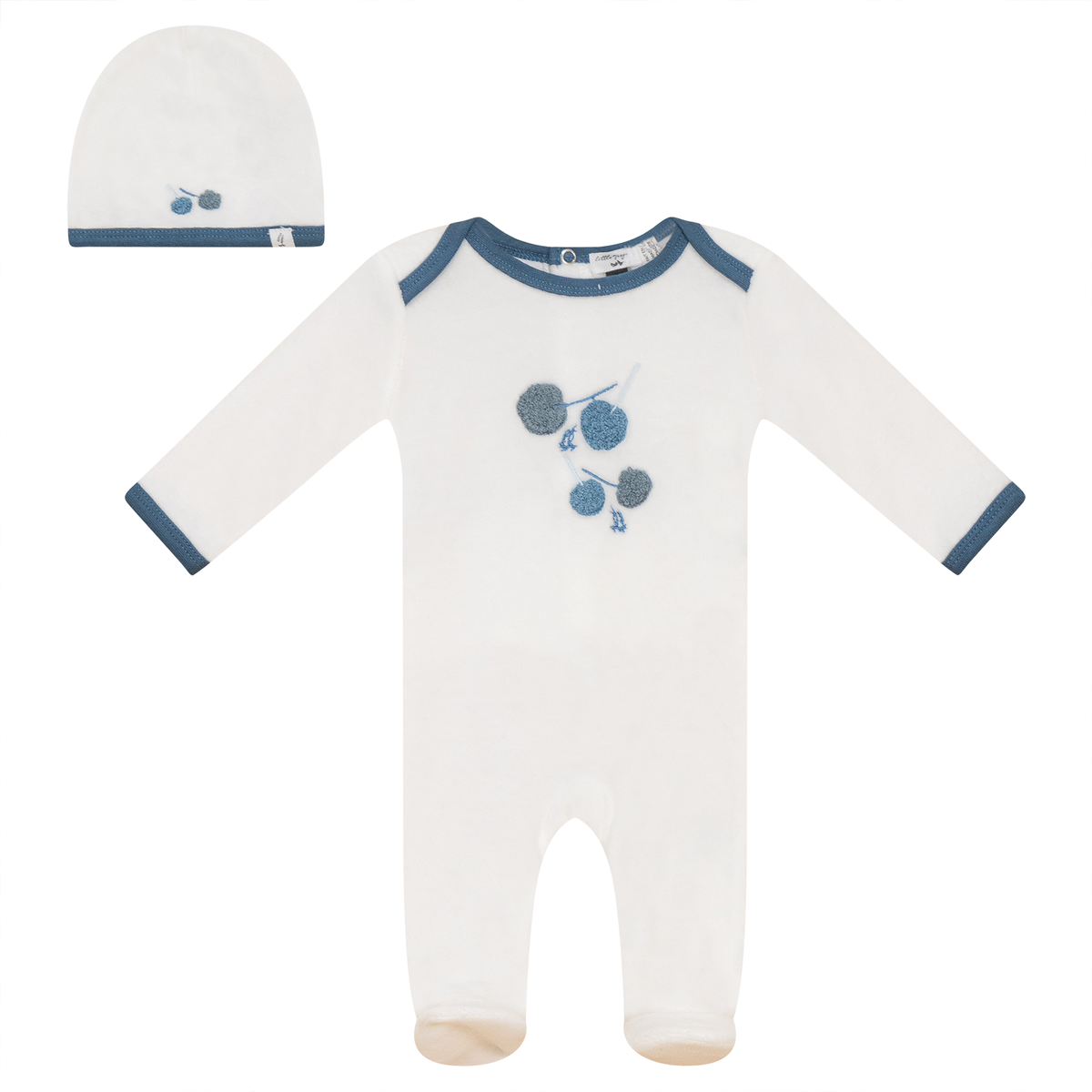 Velour Cherry Print Onesie with Hat in Off White Blue by Little Fragile