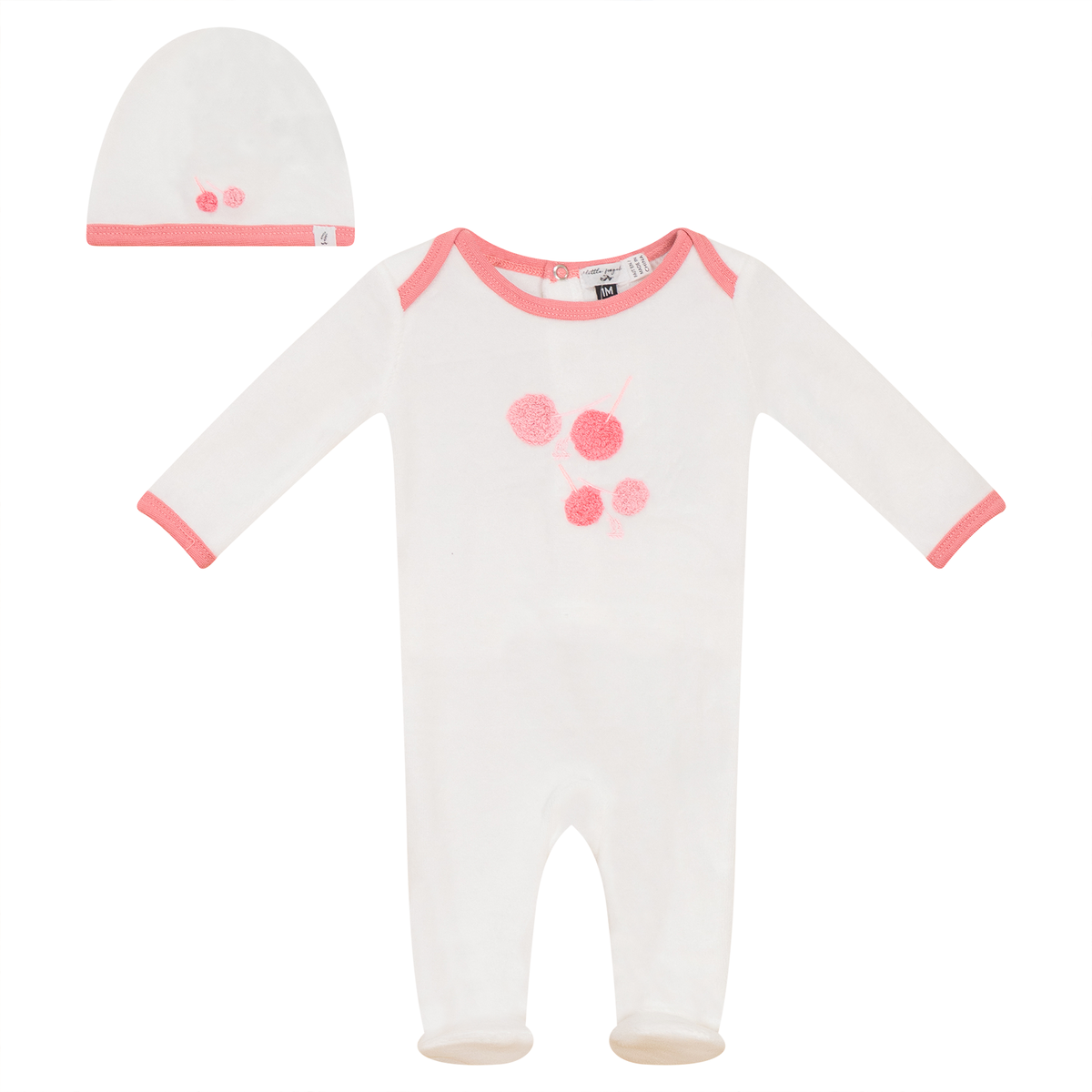Velour Cherry Print Onesie with Hat in Off White Pink by Little Fragile