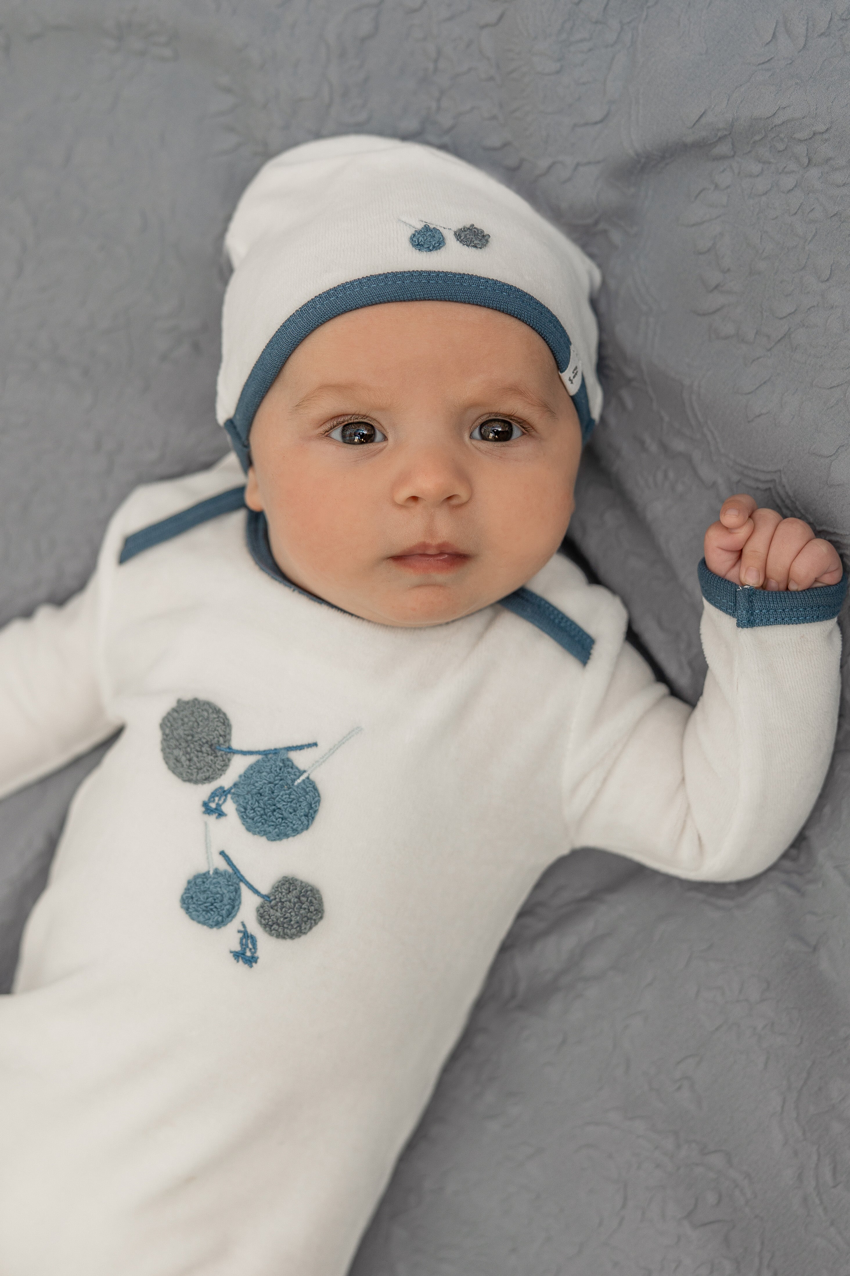Velour Cherry Print Onesie with Hat in by Little Fragile