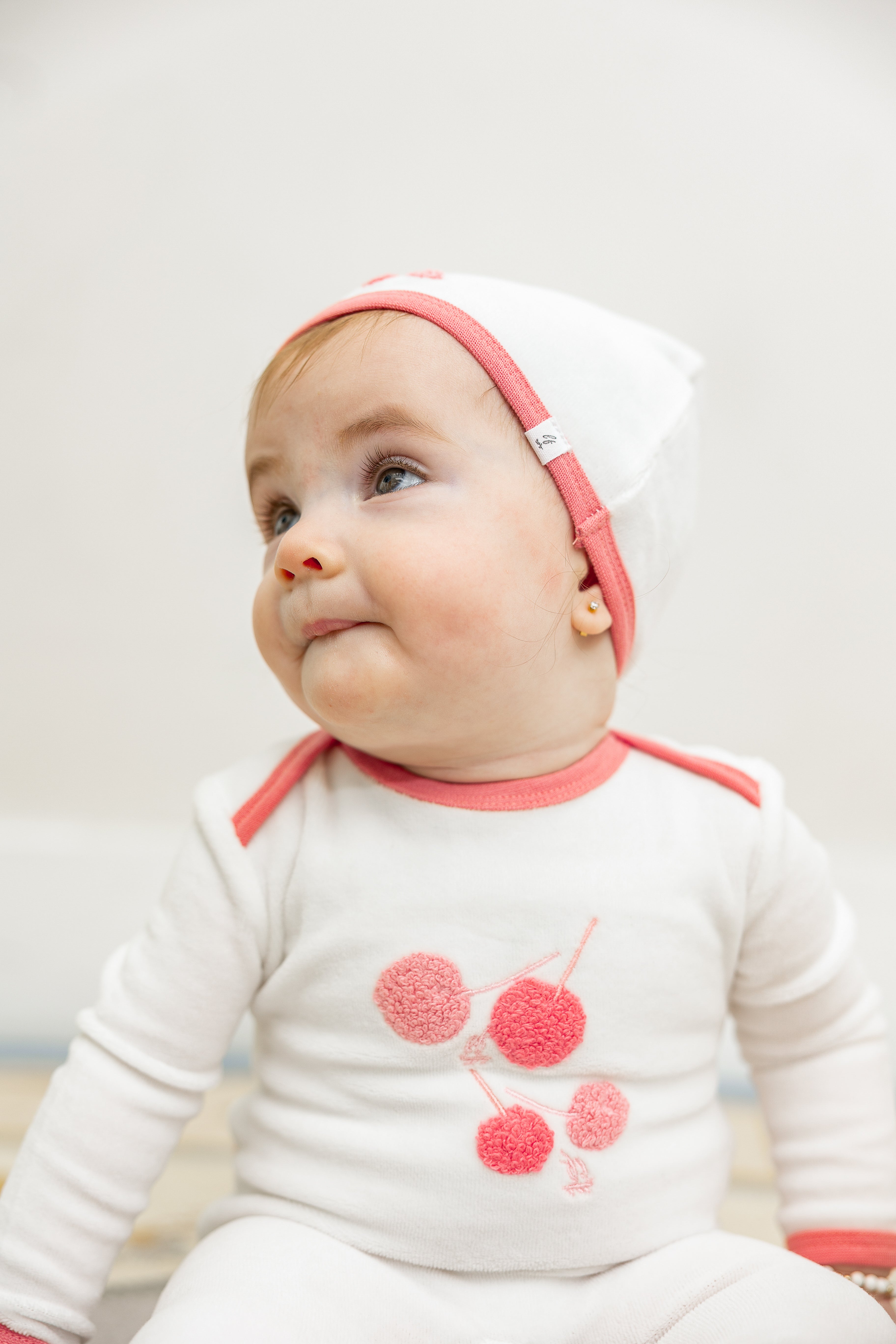 Velour Cherry Print Onesie with Hat in by Little Fragile