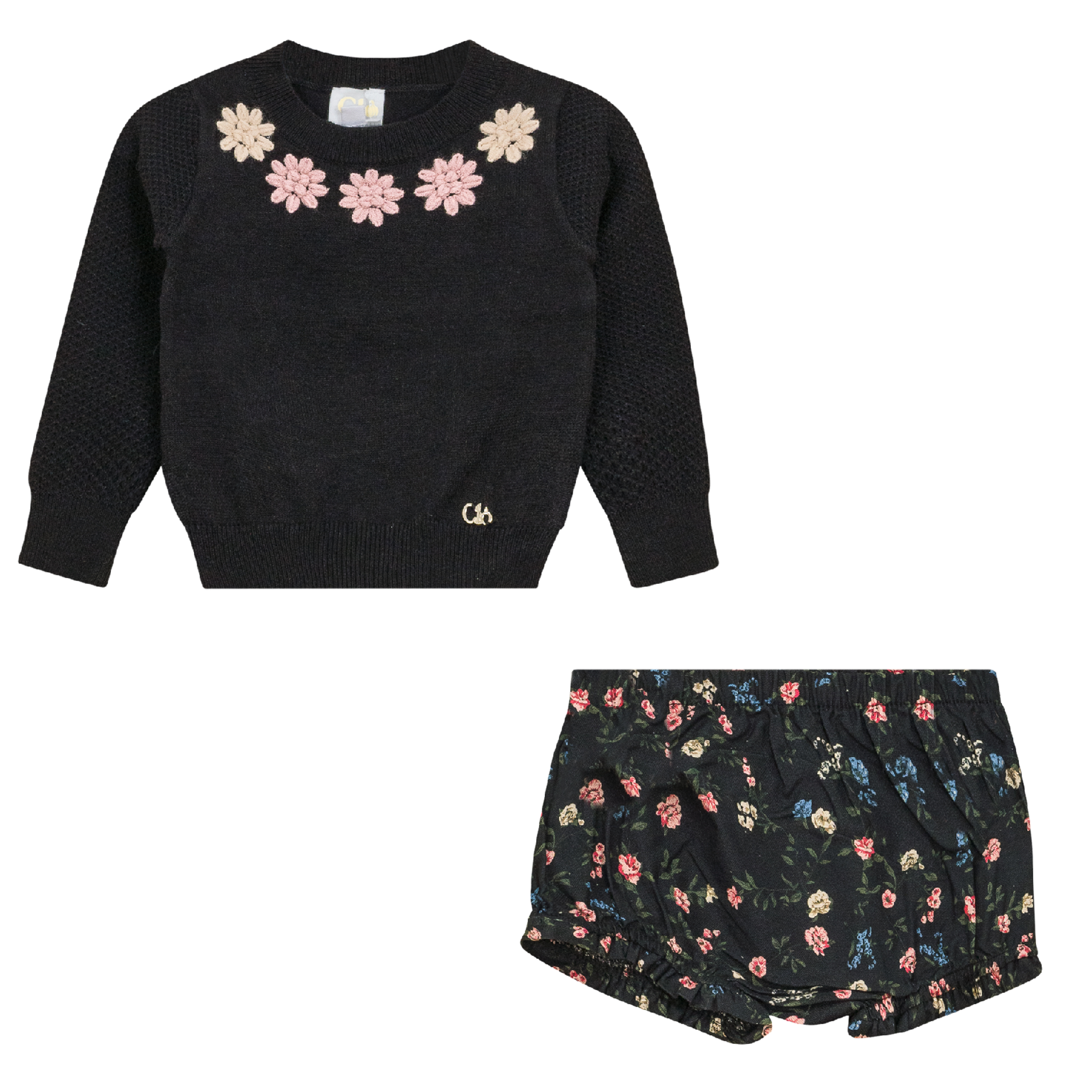 Flower Print Embroidered Set in Black by Clô
