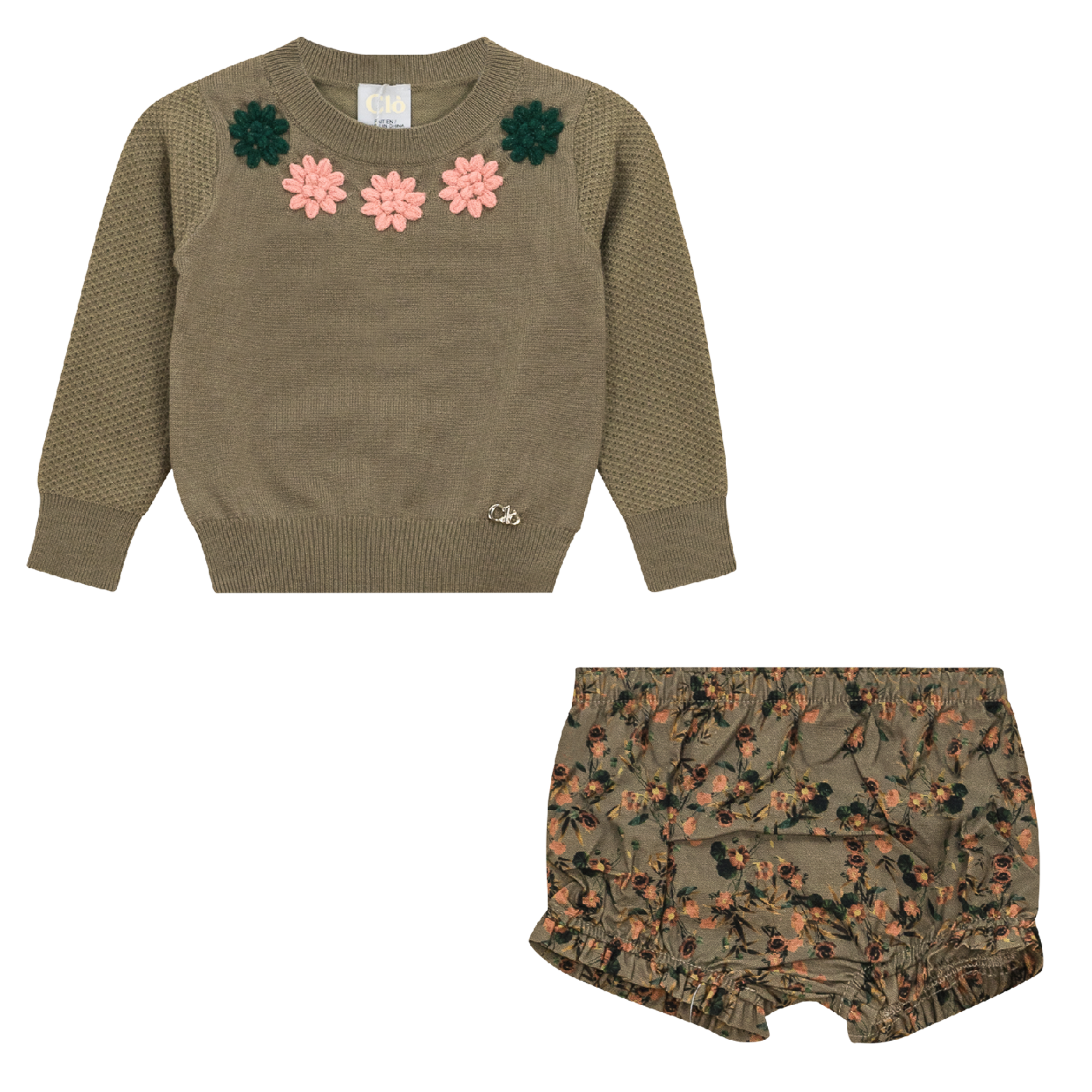 Flower Print Embroidered Set in Olive by Clô