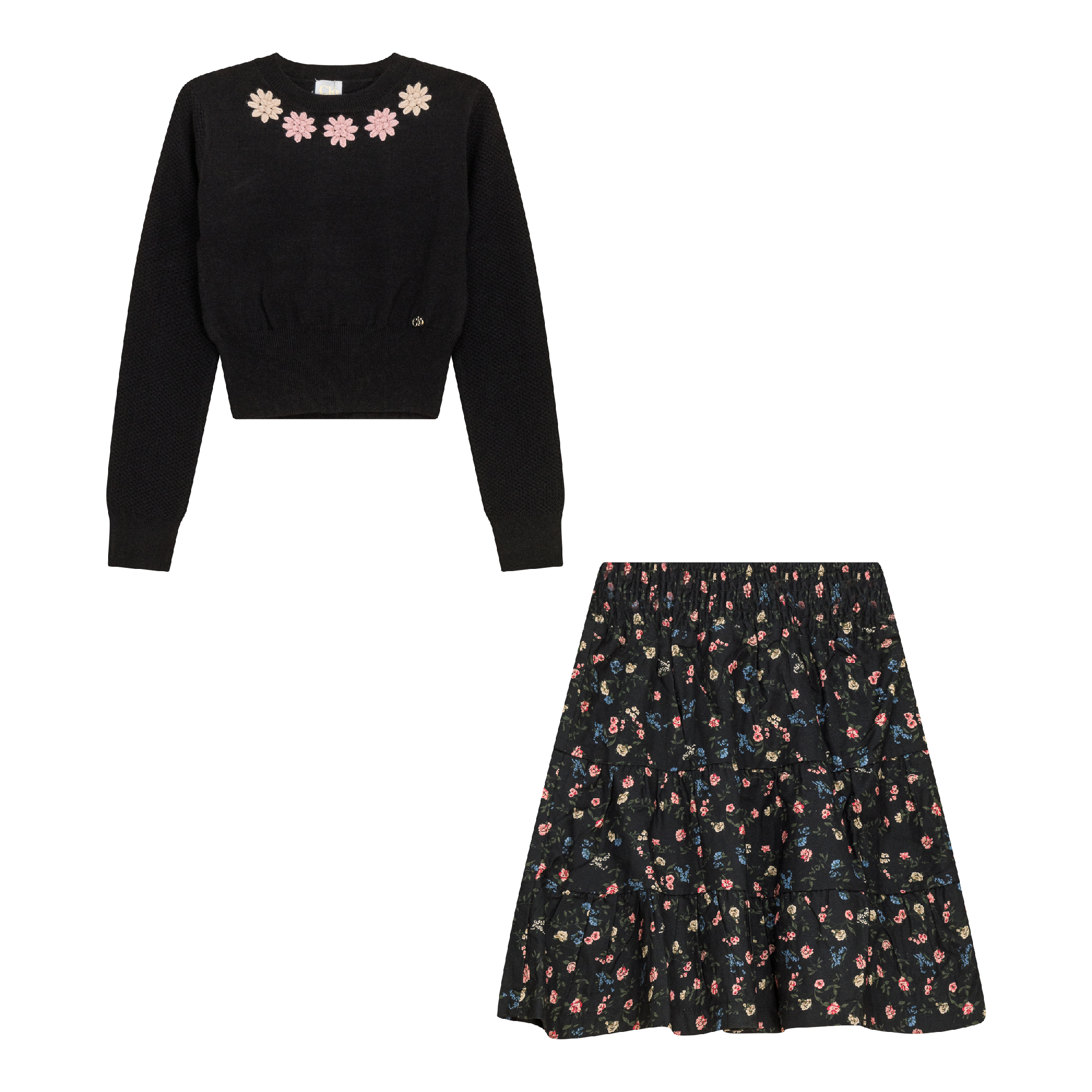 Flower Print Embroidered 2Pc Set in Black by Clô