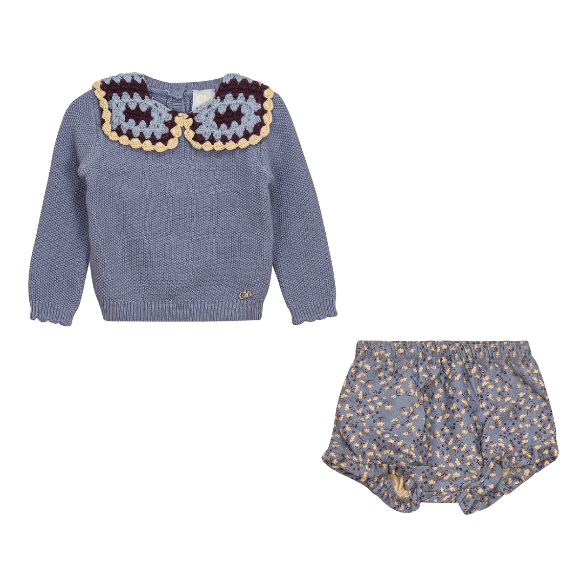 Woven Suede Flower Print 2Pc Set in Blue Grey by Clô