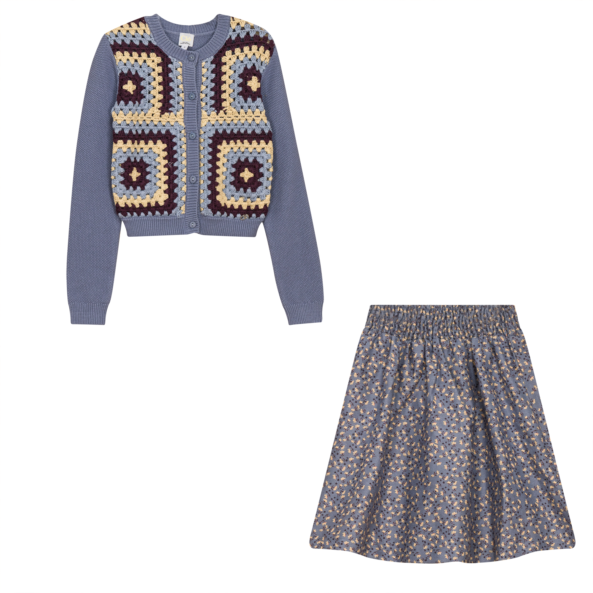 Woven Suede Flower Print Set in Blue Grey by Clô