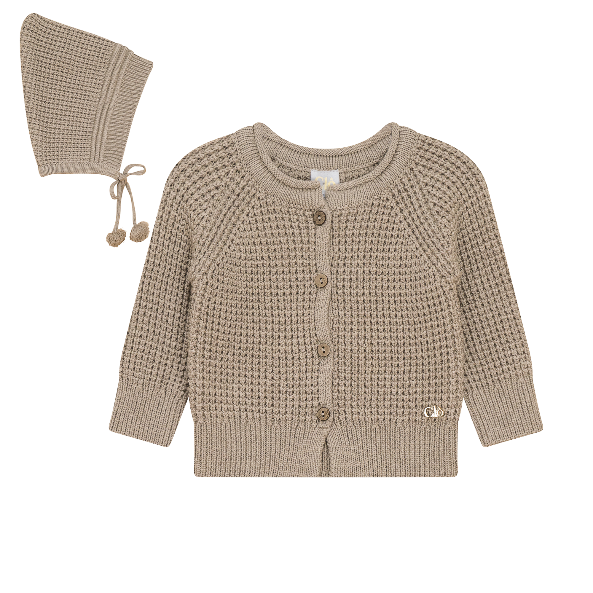Waffle Knit Cardigan and Hat in Stone by Clô