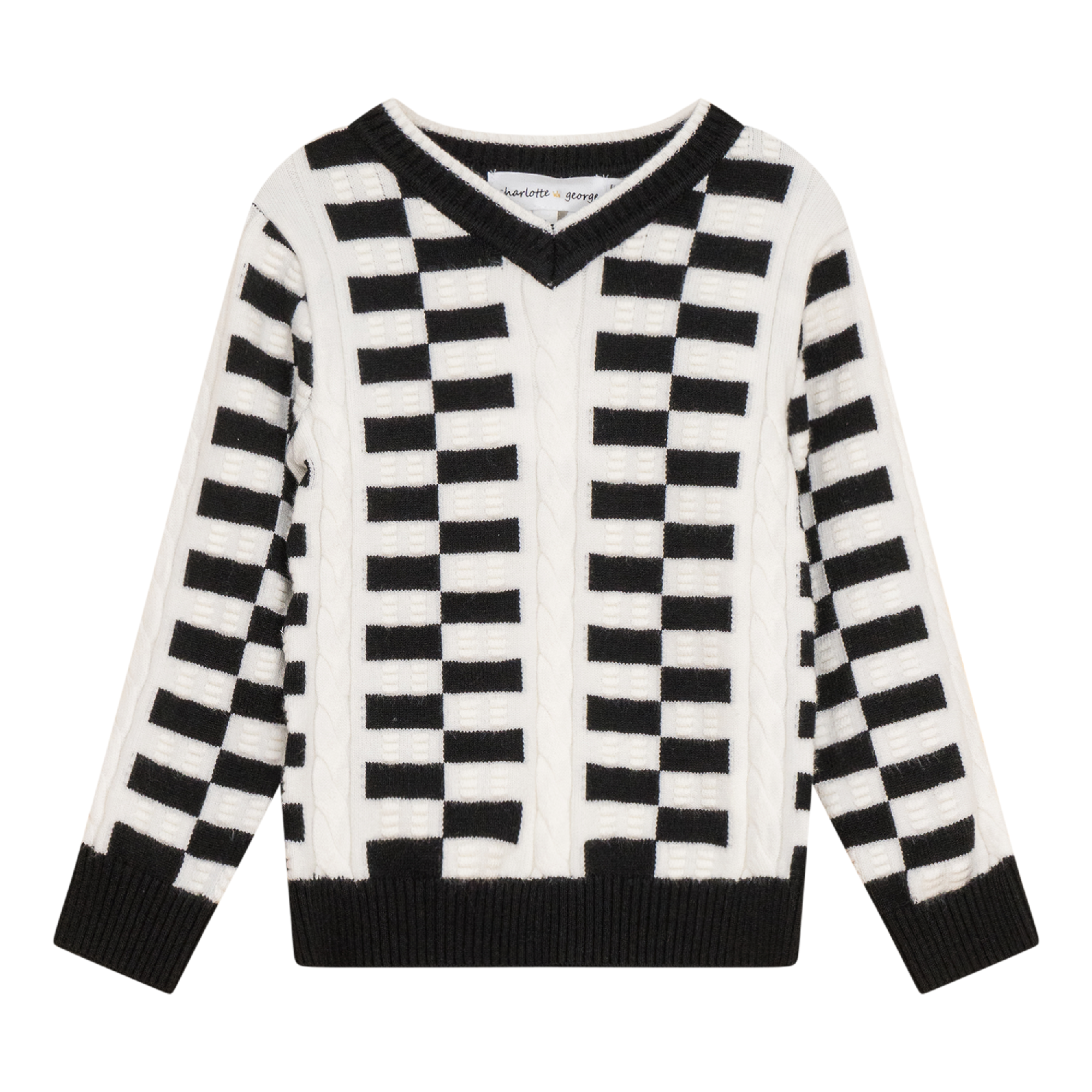 Textured KNit V-Neck Sweater in Black Off White by Charlotte & George