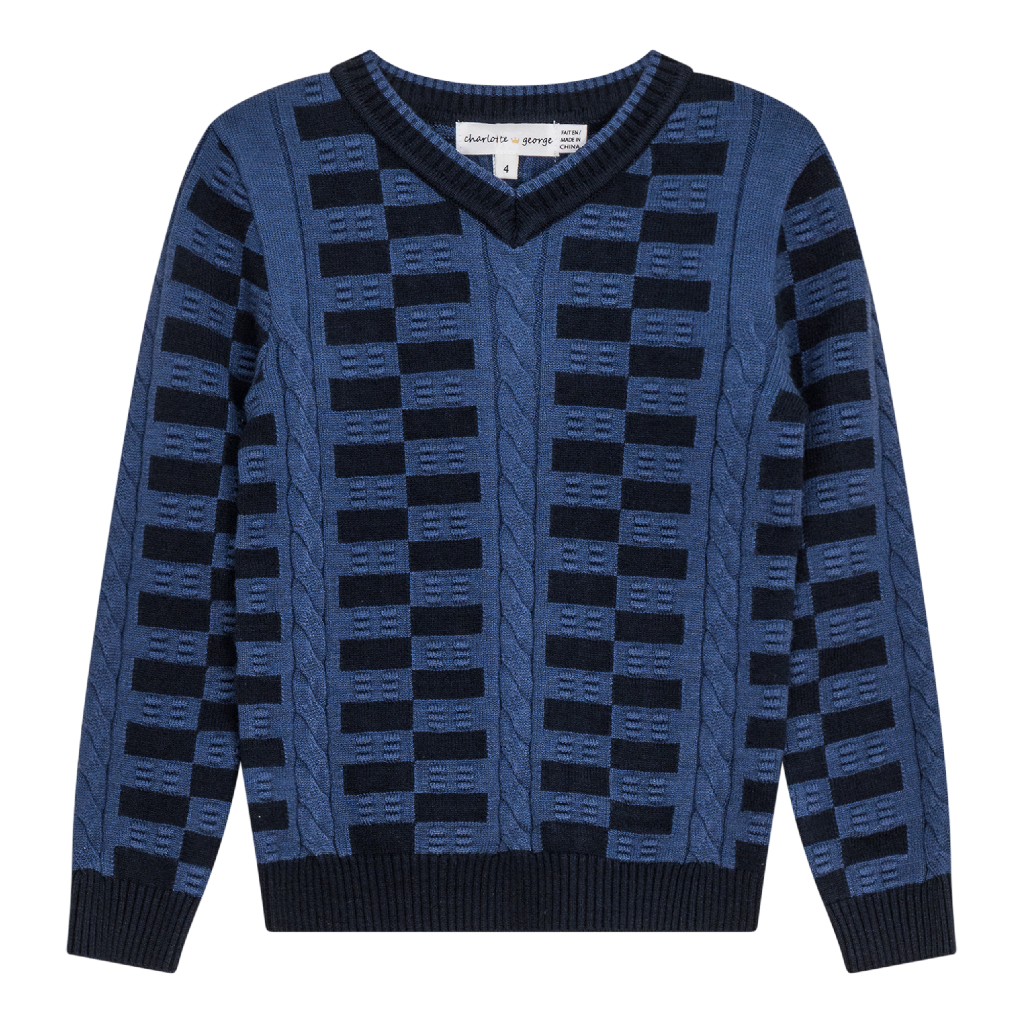 Textured KNit V-Neck Sweater in Oxford Blue Indigo by Charlotte & George