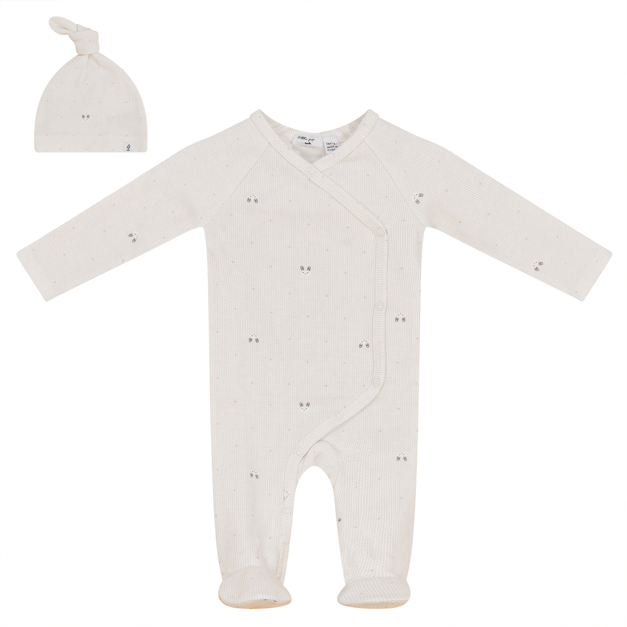 Bunny Print Onesie with Hat in Off White by Little Fragile
