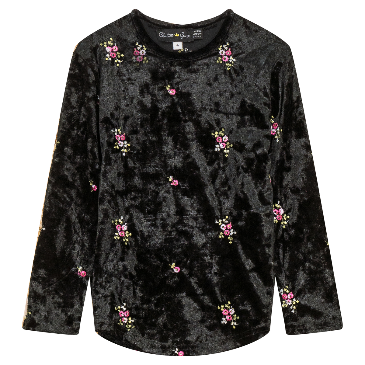 Velour Flower Embroidered Top in Black by Charlotte & George