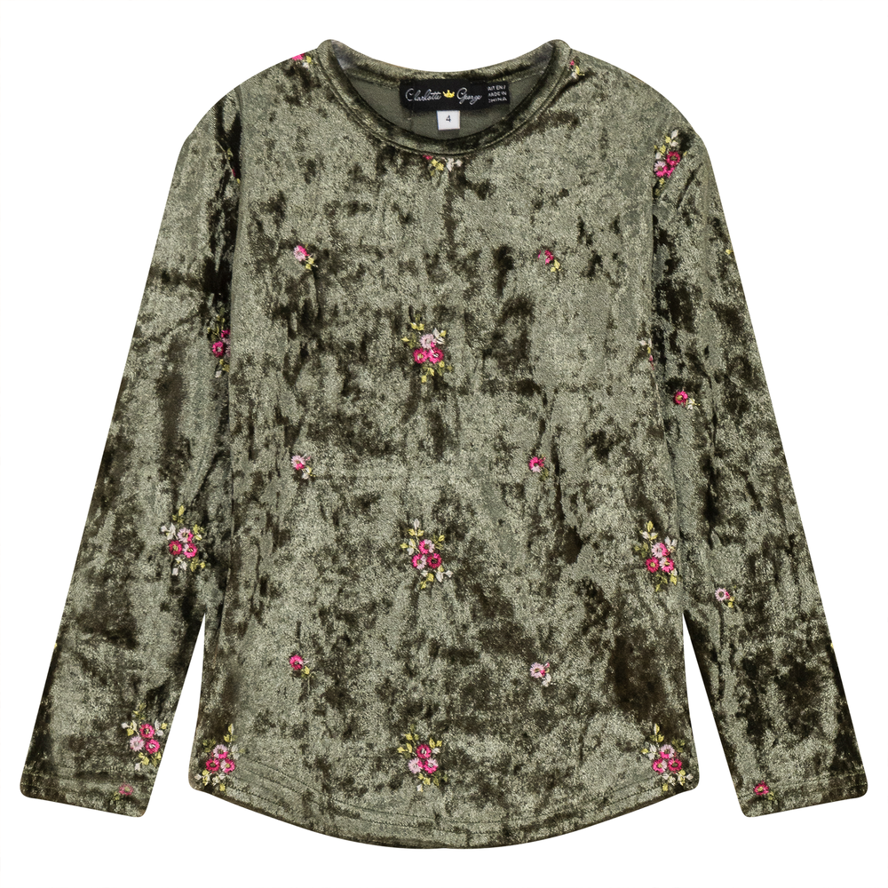 Velour Flower Embroidered Top Olive Girls Pullover by {{ product_vemdor}}